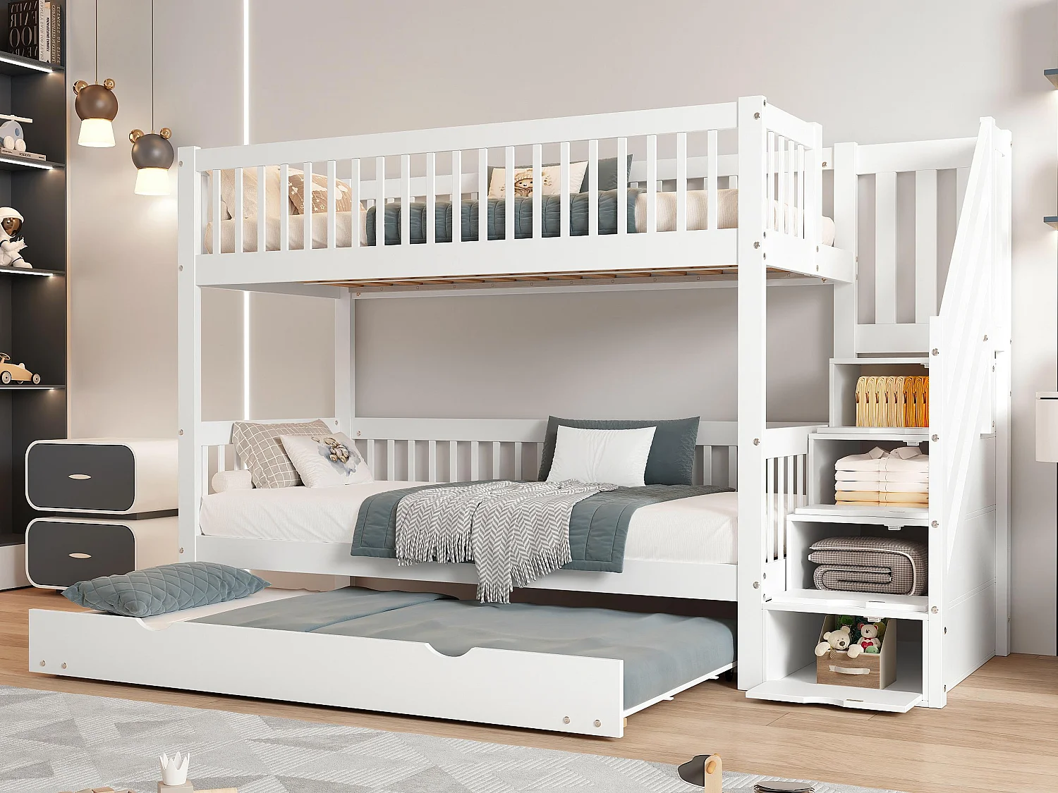 Łóżko piętrowe 90×200 cm z łóżkiem wysuwanym 90×190 cm – z drewna sosnowego – z drabinką i barierką – Białe 3263560