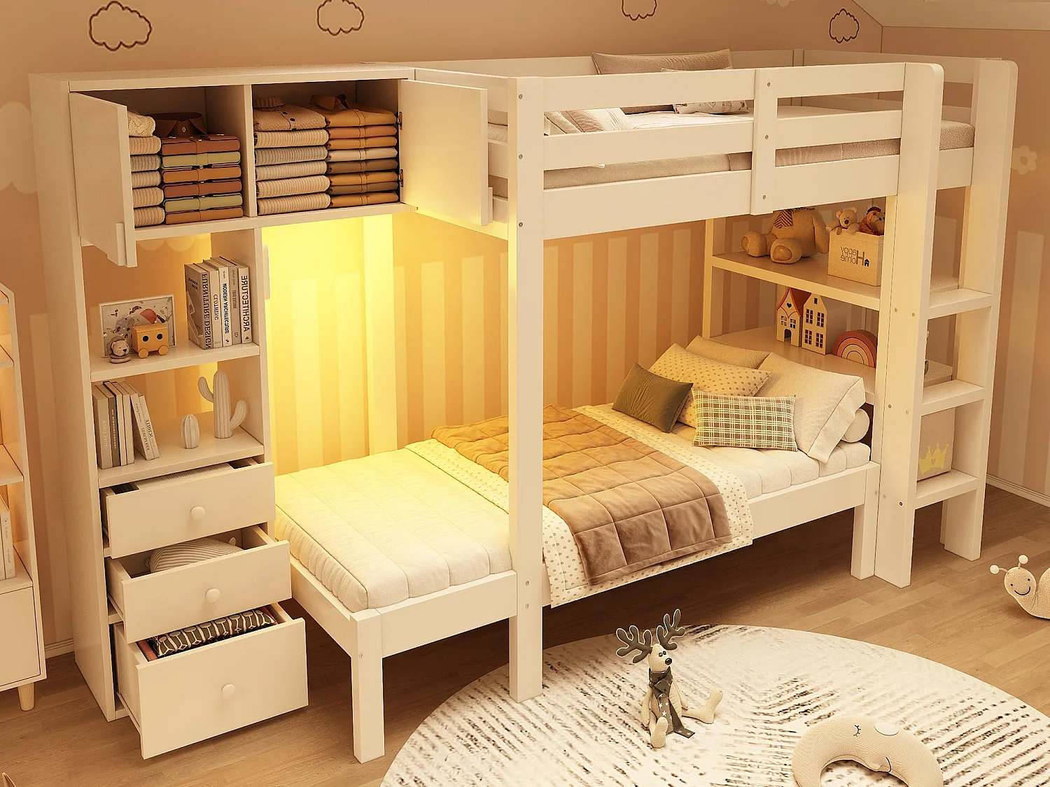 Łóżko piętrowe 90x200cm – z inteligentnym nocnym oświetleniem LED – z szafą i 3 szufladami – z półkami – Drewno lite + MDF – Biały 4452306