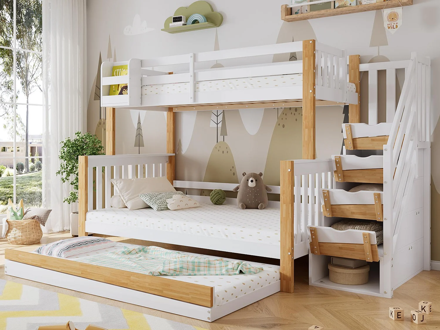 Łóżko piętrowe 90x200cm + 120x200cm + łóżko wysuwane 90x190cm – z schodami do przechowywania – z drewna sosnowego i MDF – Białe i Naturalne 3599734
