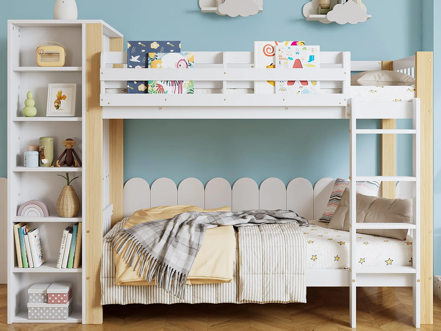 Łóżko piętrowe 90×200 cm – z szafą i 6 otwartymi półkami – Drewno lite + MDF – Białe+Naturalny (bez materaca) 4141727