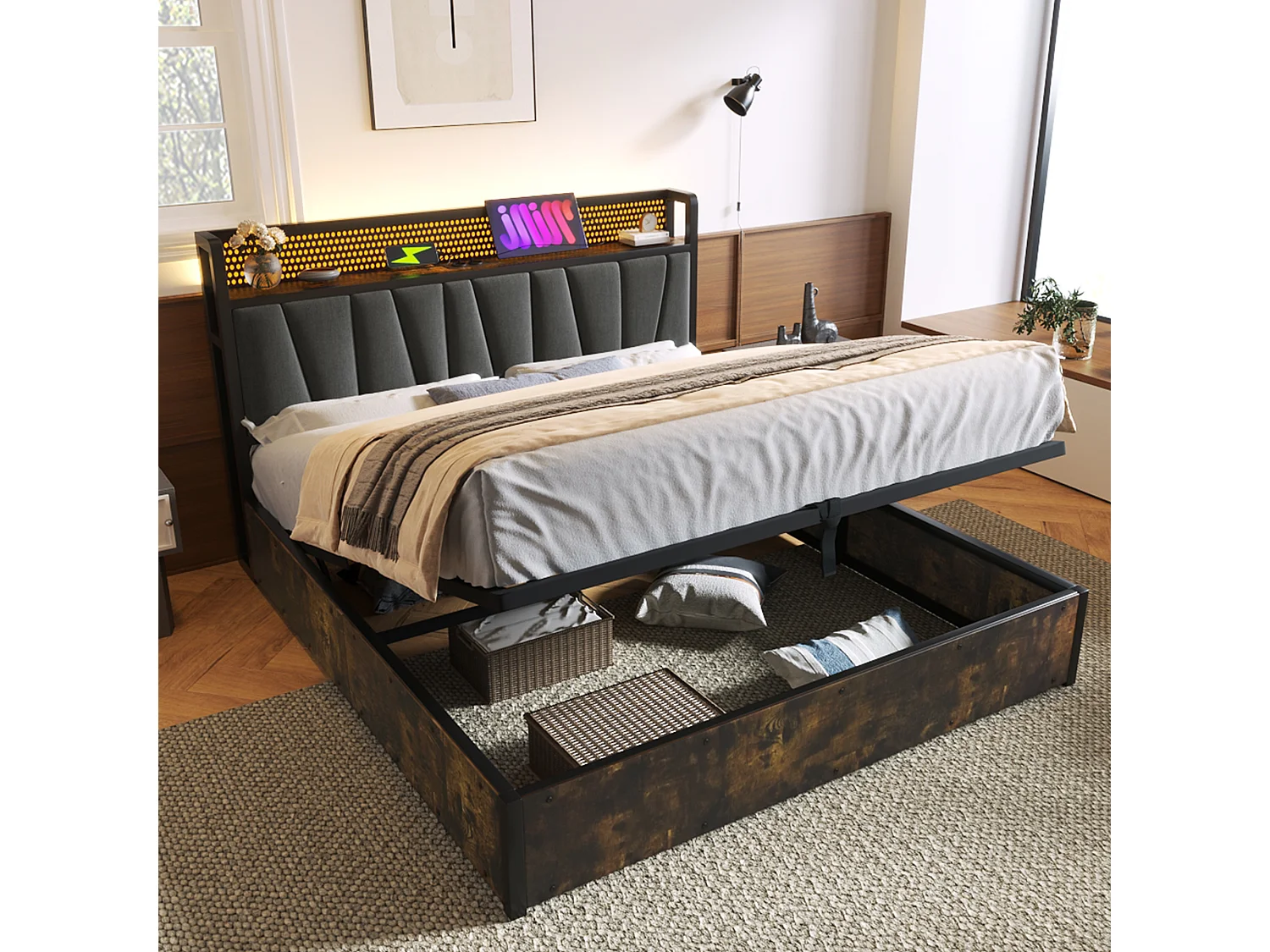 Łóżko dla dorosłych ze schowkiem 160 x 200 cm - sterowanie aplikacją LED + USB - drewno + len - styl industrialny - szary 3039952 - obrazek 1
