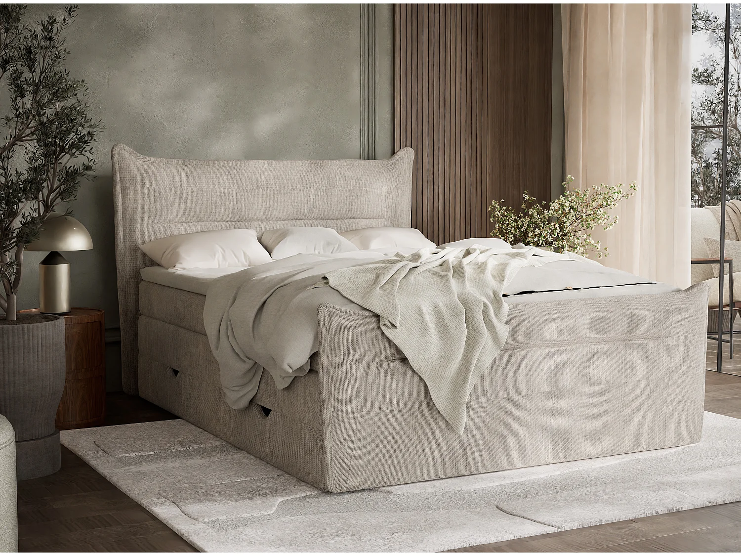 Łóżko boxspring z zagłówkiem + materac + topper - 180x200 cm - beżowy - PELINO 4936422 - obrazek 1