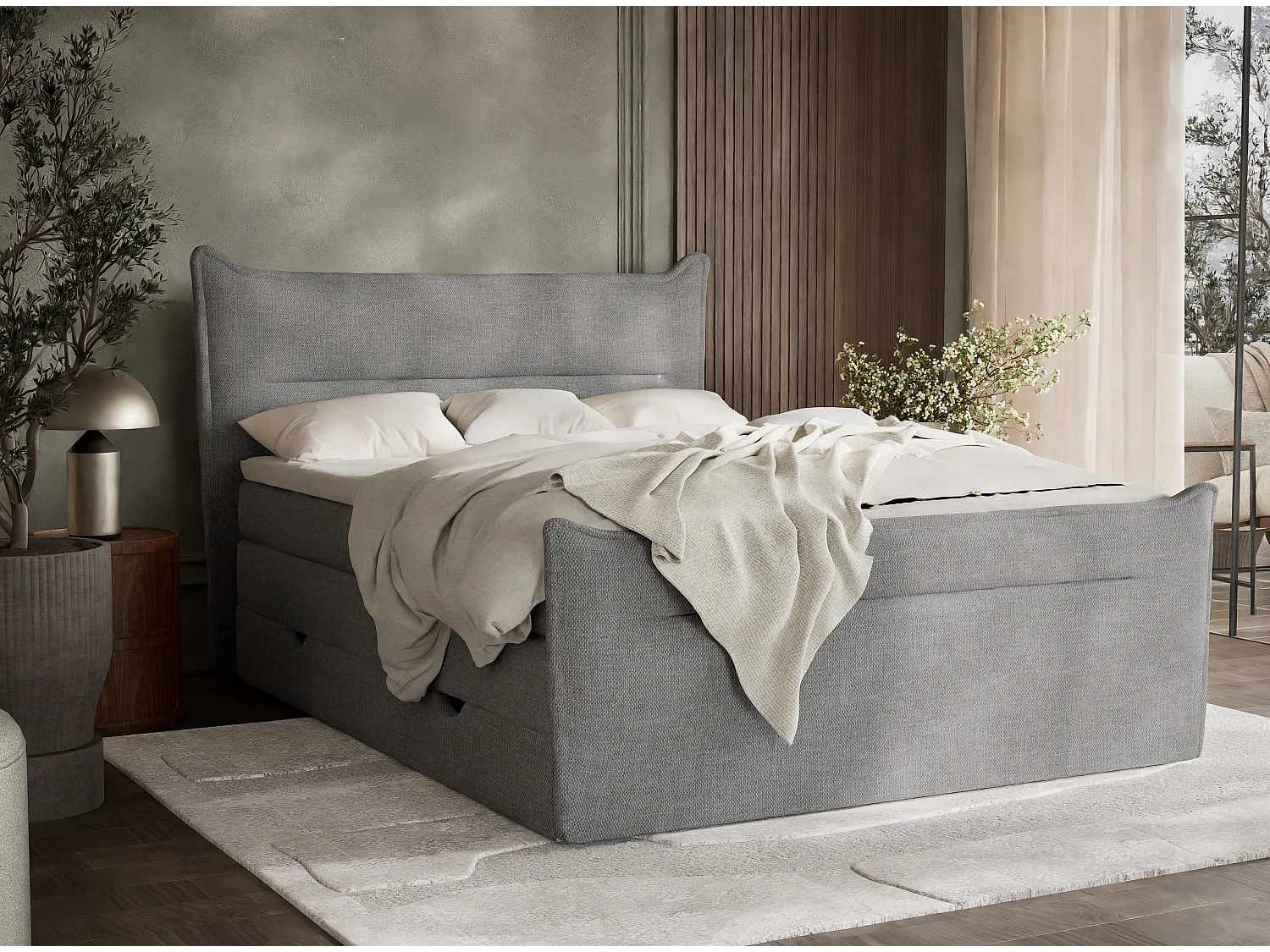 Łóżko boxspring z zagłówkiem + materac + topper - 160x200 cm - szary - PELINO 4936446 - obrazek 1