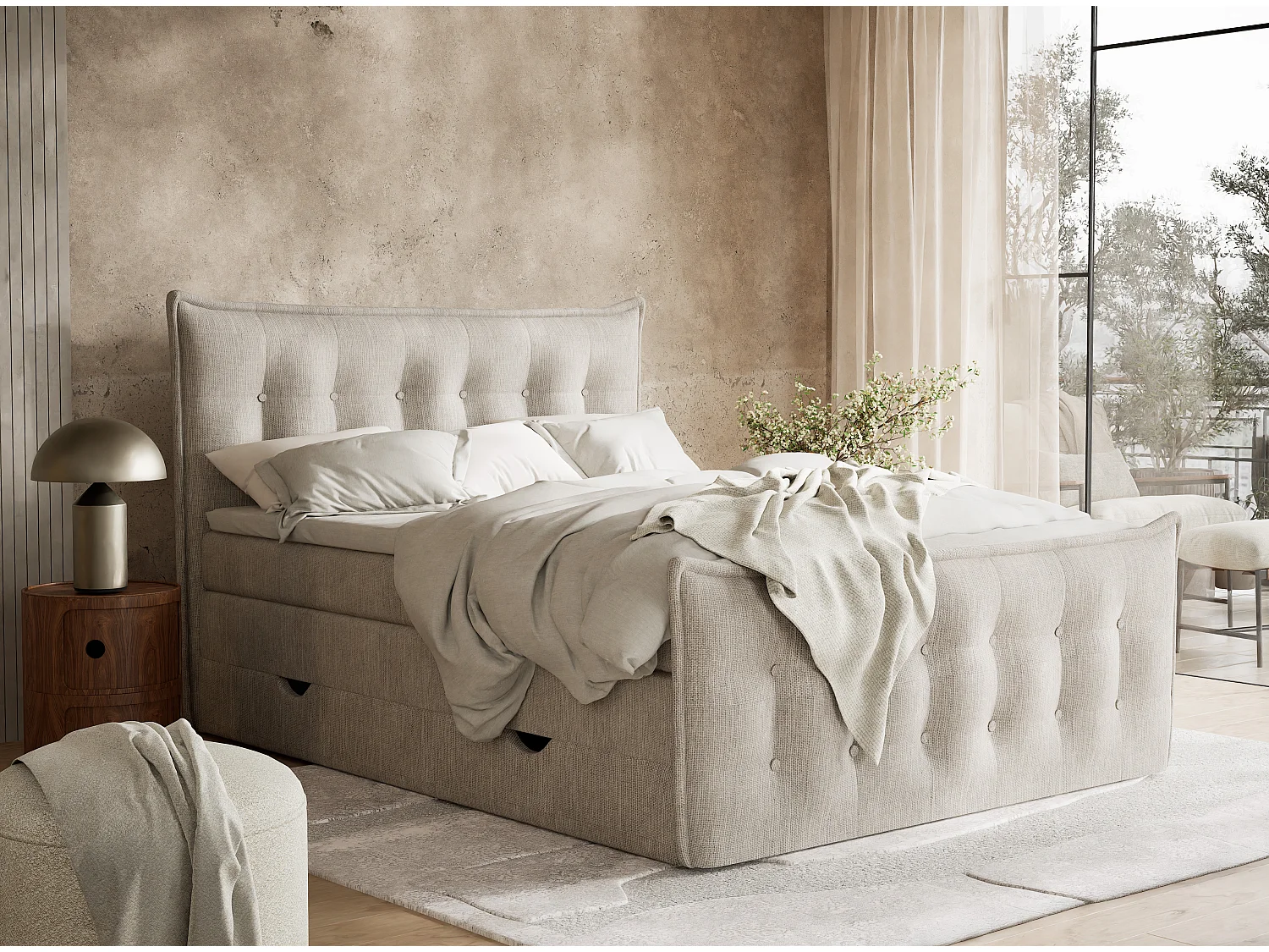 Łóżko boxspring z zagłówkiem + materac + topper - 160x200 cm - beżowy - FATU 4936479 - obrazek 1