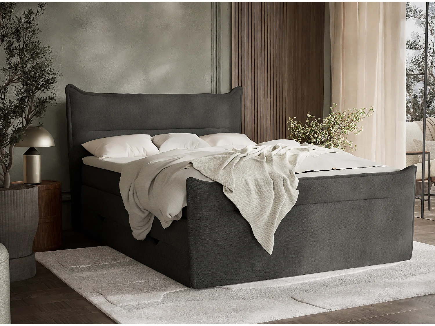 Łóżko boxspring z zagłówkiem + materac + topper - 180x200 cm - grafitowy - PELINO 4936493 - obrazek 1
