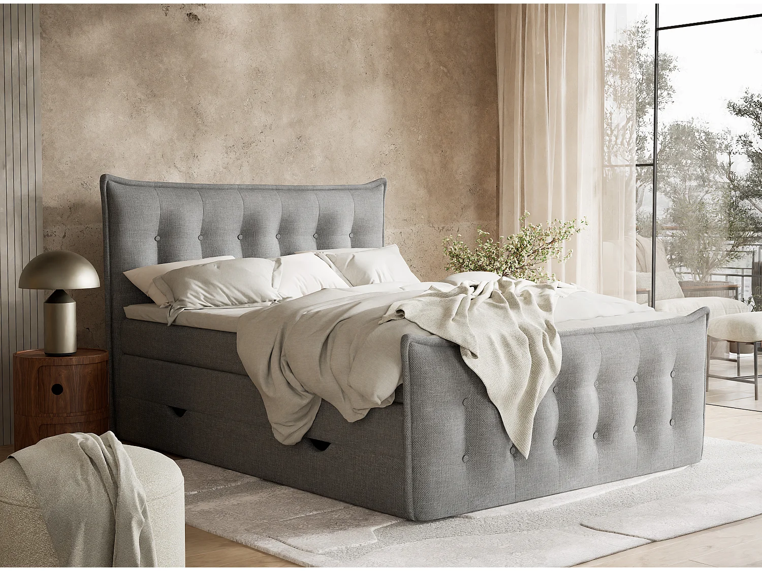 Łóżko boxspring z zagłówkiem + materac + topper - 140x200 cm - szary - FATU 4936507 - obrazek 1