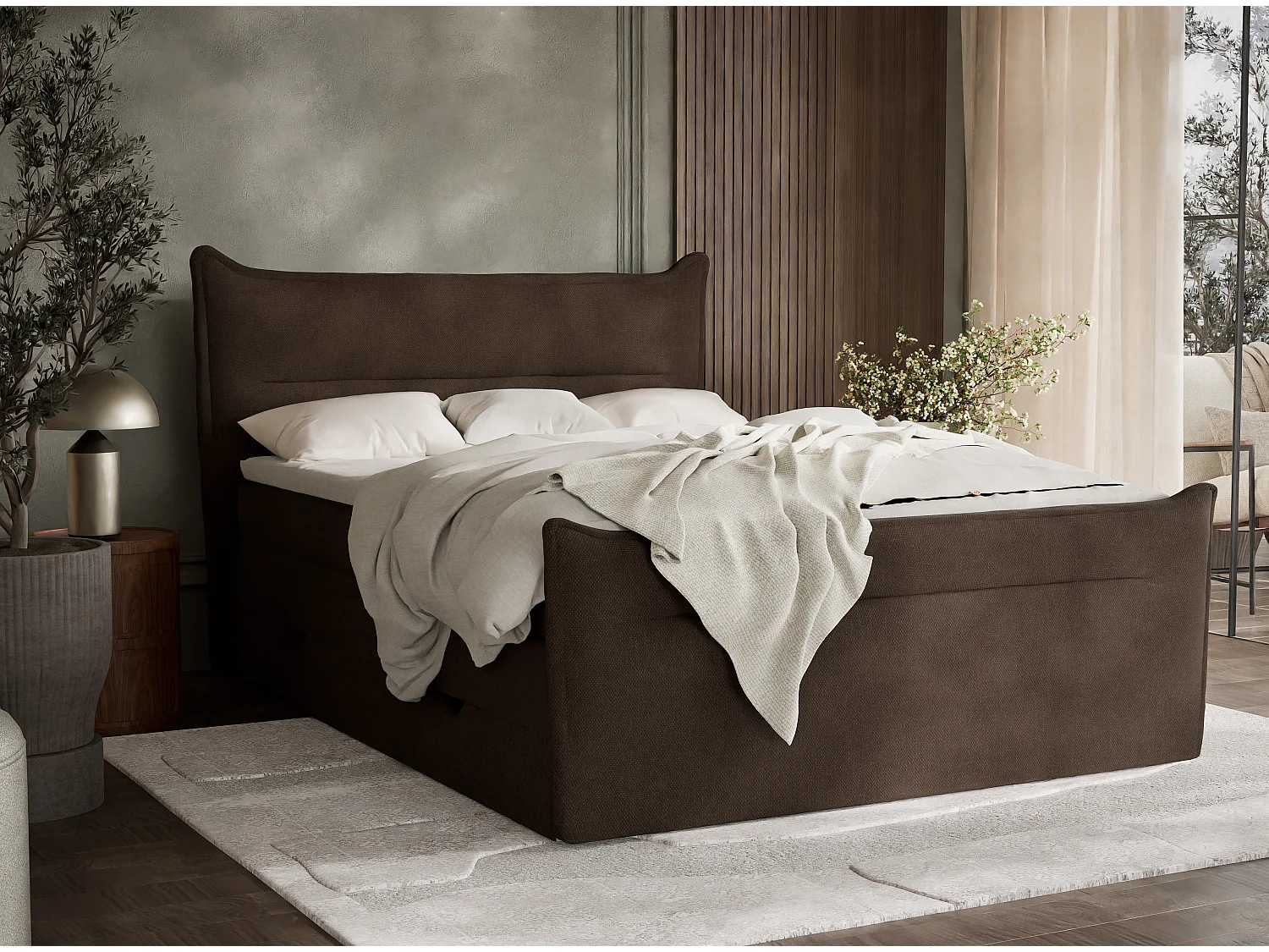 Łóżko boxspring z zagłówkiem + materac + topper - 160x200 cm - brązowy - PELINO 4936546 - obrazek 1