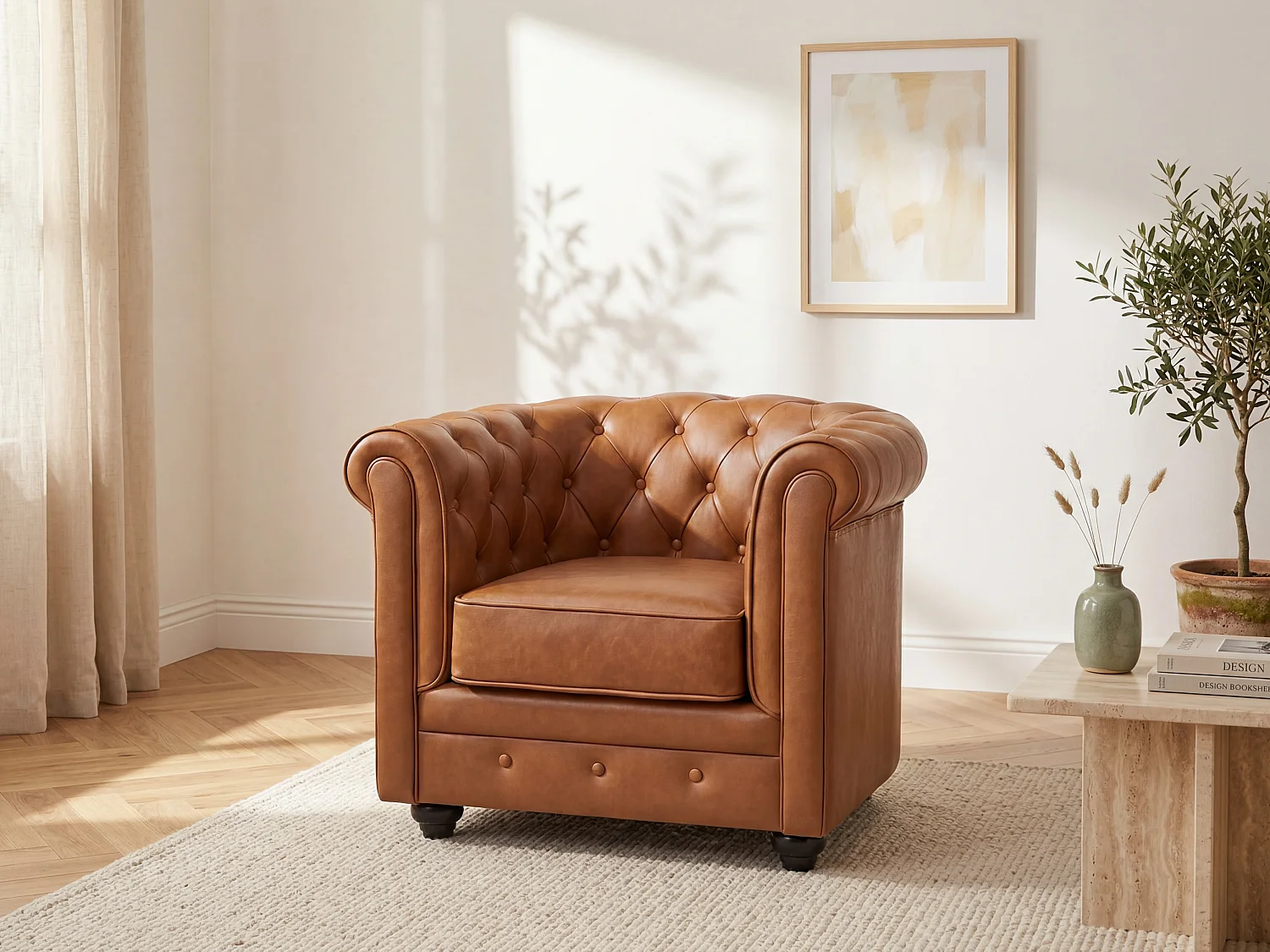 Fotel z camelowej skóry bydlęcej - CHESTERFIELD 739177 - obrazek 1