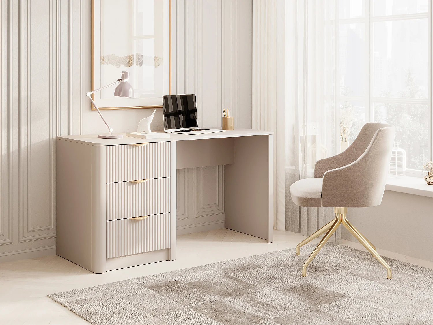 Biurko z 3 szufladami – Beżowy i złoty – ELONARIA 4861364