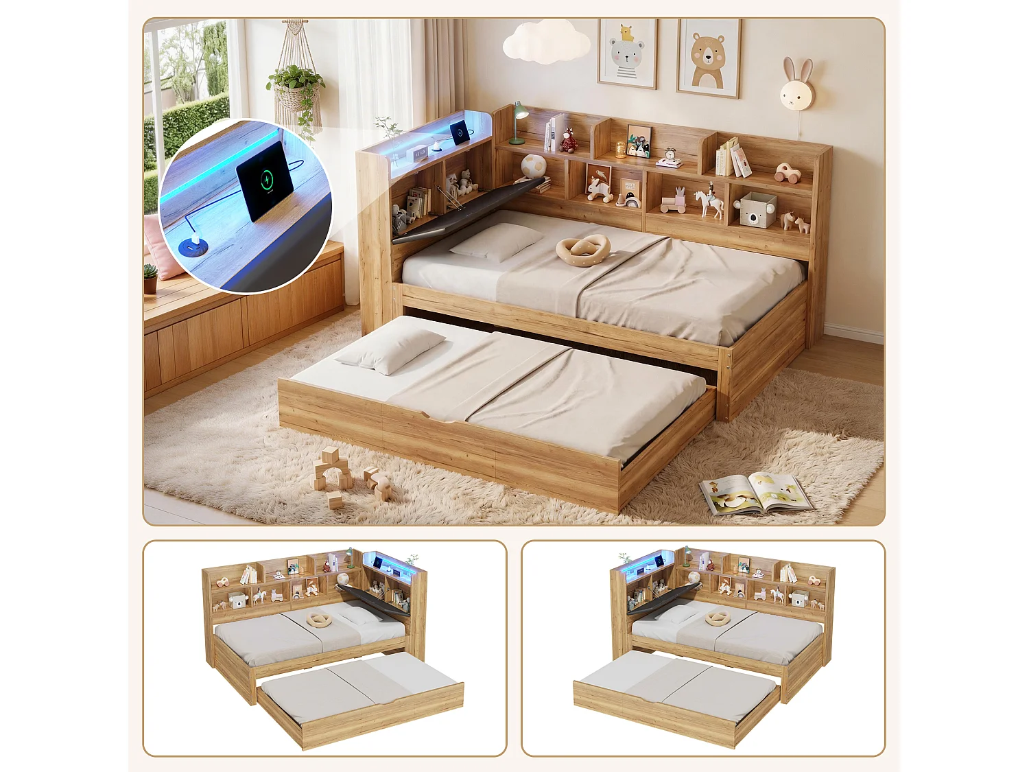 Łóżko dziecięce - 90 x 200 cm - z diodami LED + półka do przechowywania + wysuwane łóżko (90 x 190 cm) - MDF - naturalny 4946266 - obrazek 1
