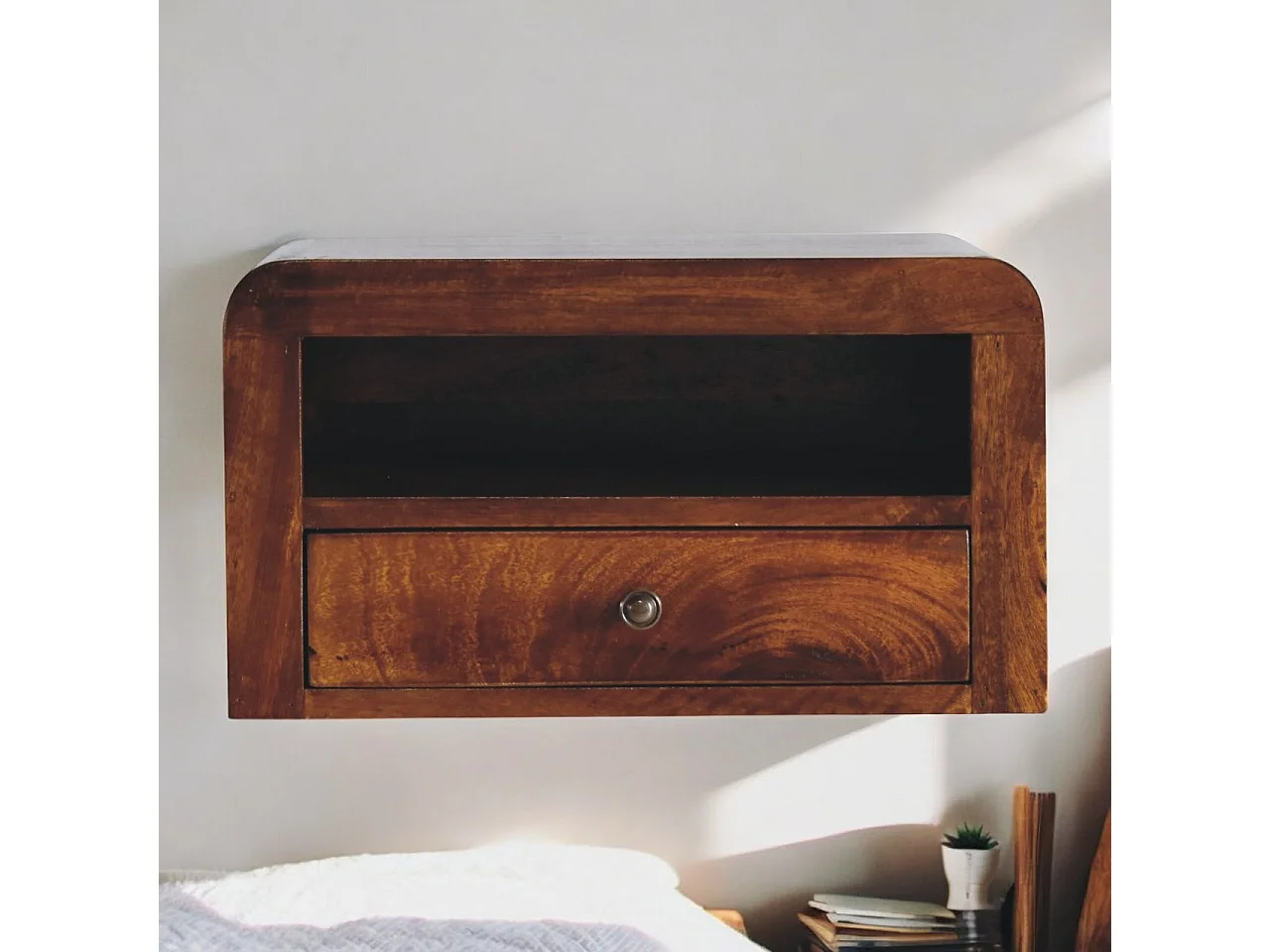 Artisan Furniture Solidna szafka nocna montowana na ścianie z 1 szufladą z litego drewna kasztanowego 4075343