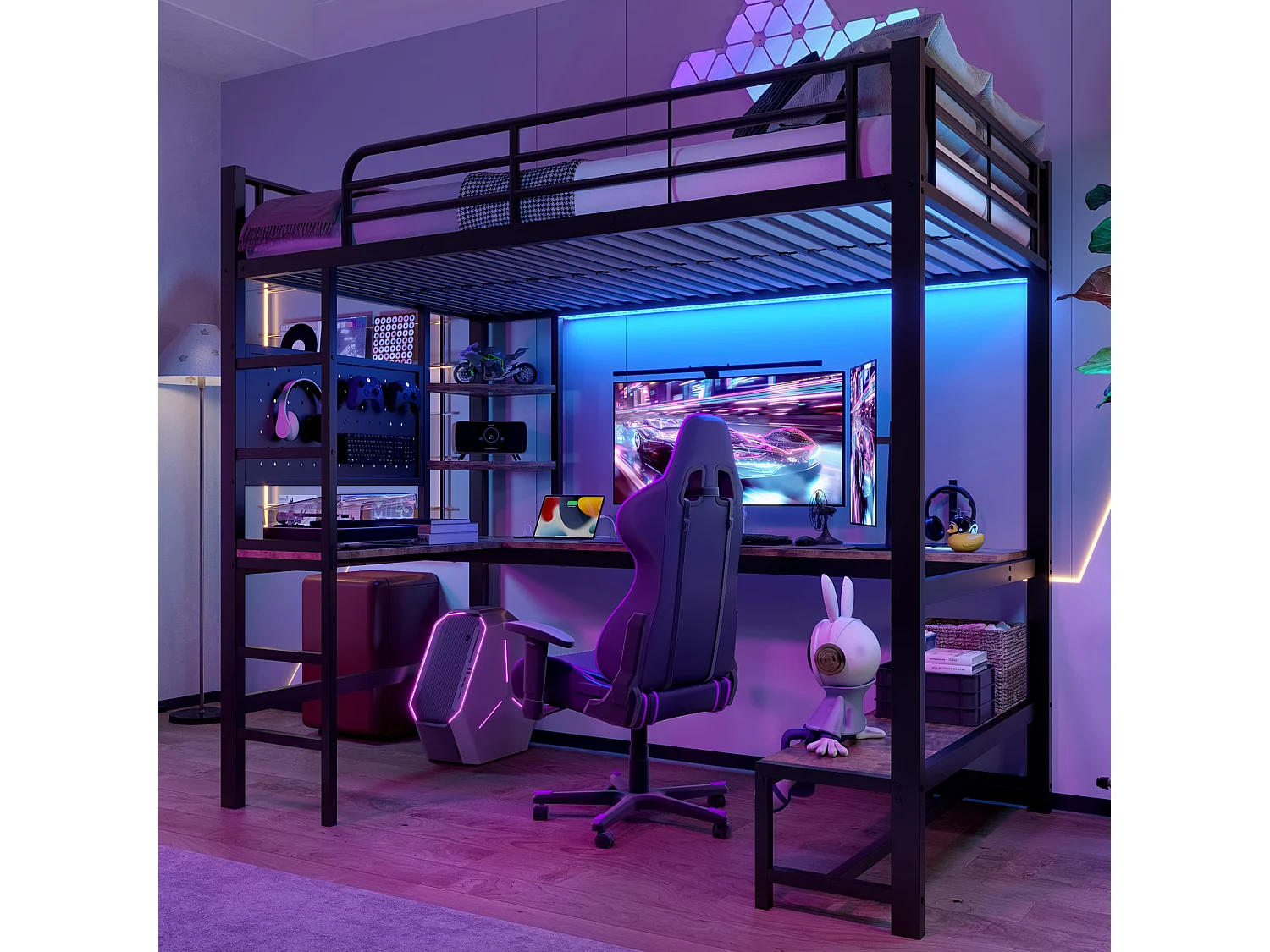 Łóżko piętrowe dla dzieci - 90 x 200 cm - rama żeliwna - z biurkiem + diody LED + USB + Type-C - metal + MDF - czarne 4271828 - obrazek 1