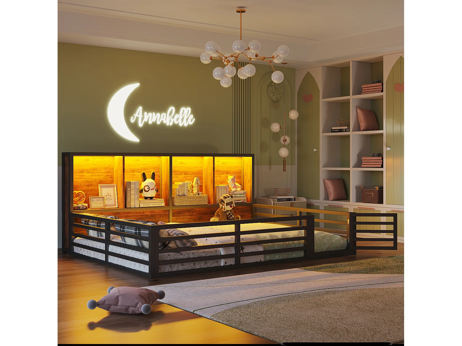 Łóżko dziecięce z barierką - 140 x 200 cm - stolik nocny z pojemnikiem - ze stelażem - płyta MDF + metal - kolor czarny 4273259 - obrazek 1