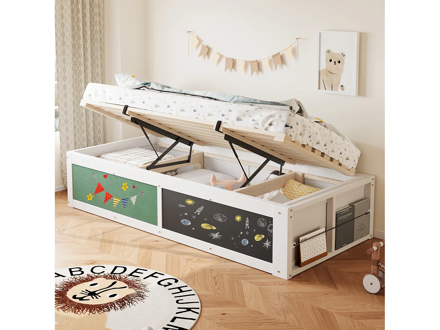 Łóżko dziecięce drewniane ze schowkiem - 90 x 200 cm - z hydraulicznym schowkiem i półką do pisania - drewno - białe 4824882 - obrazek 1