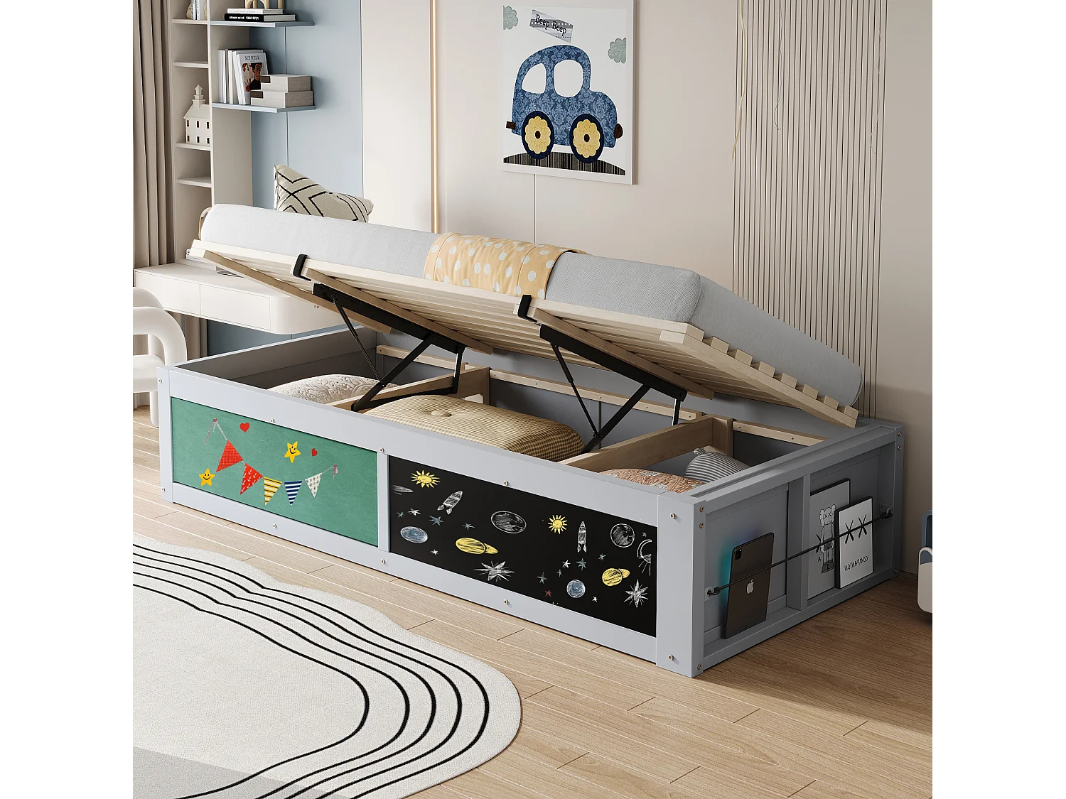 Łóżko dziecięce drewniane ze schowkiem - 90 x 200 cm - z hydraulicznym schowkiem + półka do pisania - drewno - szare 4824879 - obrazek 1