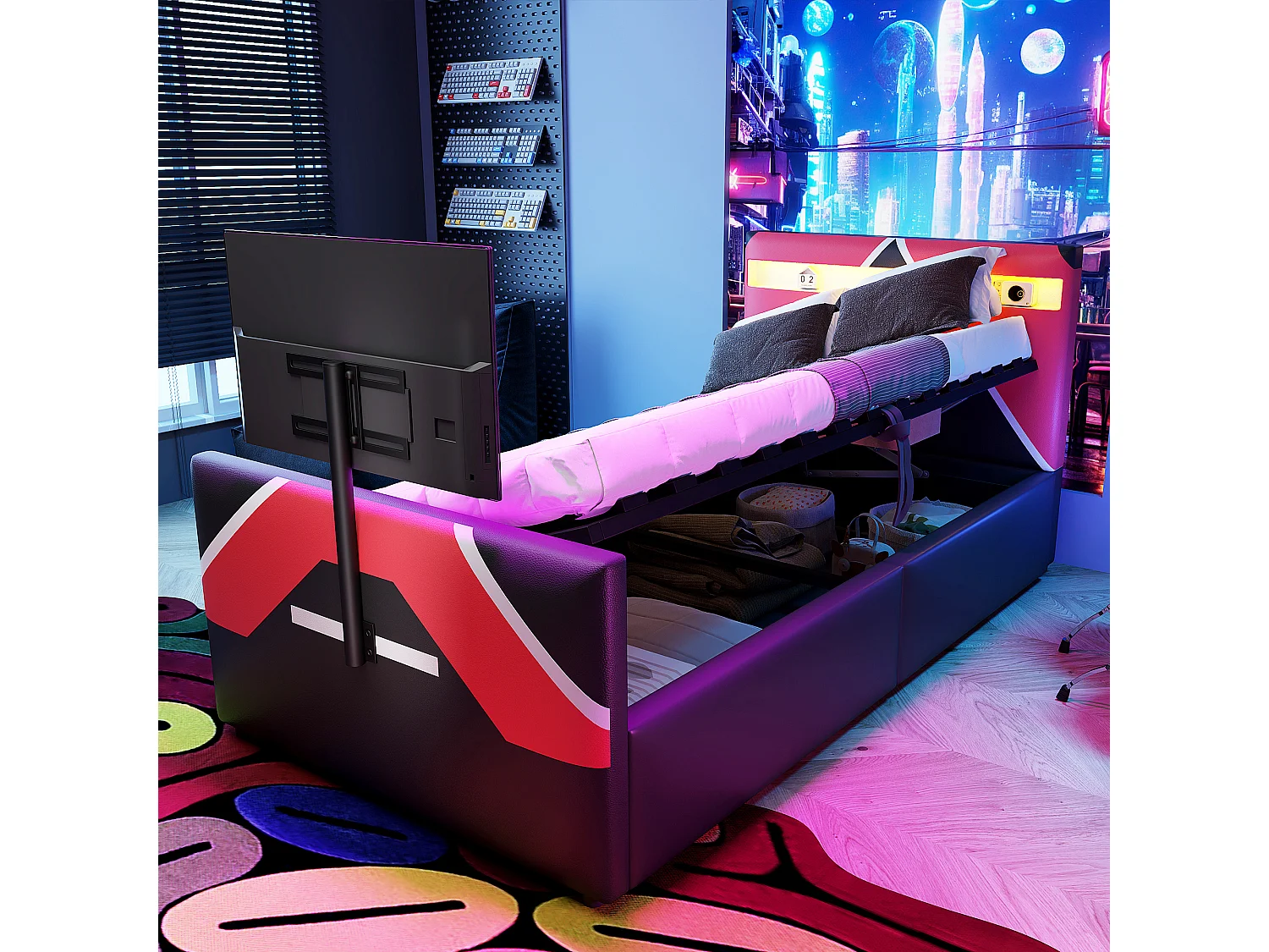 Łóżko dziecięce z pojemnikiem - 90 x 200 cm - z diodami LED + schowek hydrauliczny + zintegrowany stojak pod TV - PU - czarny + czerwony 4824888 - obrazek 1