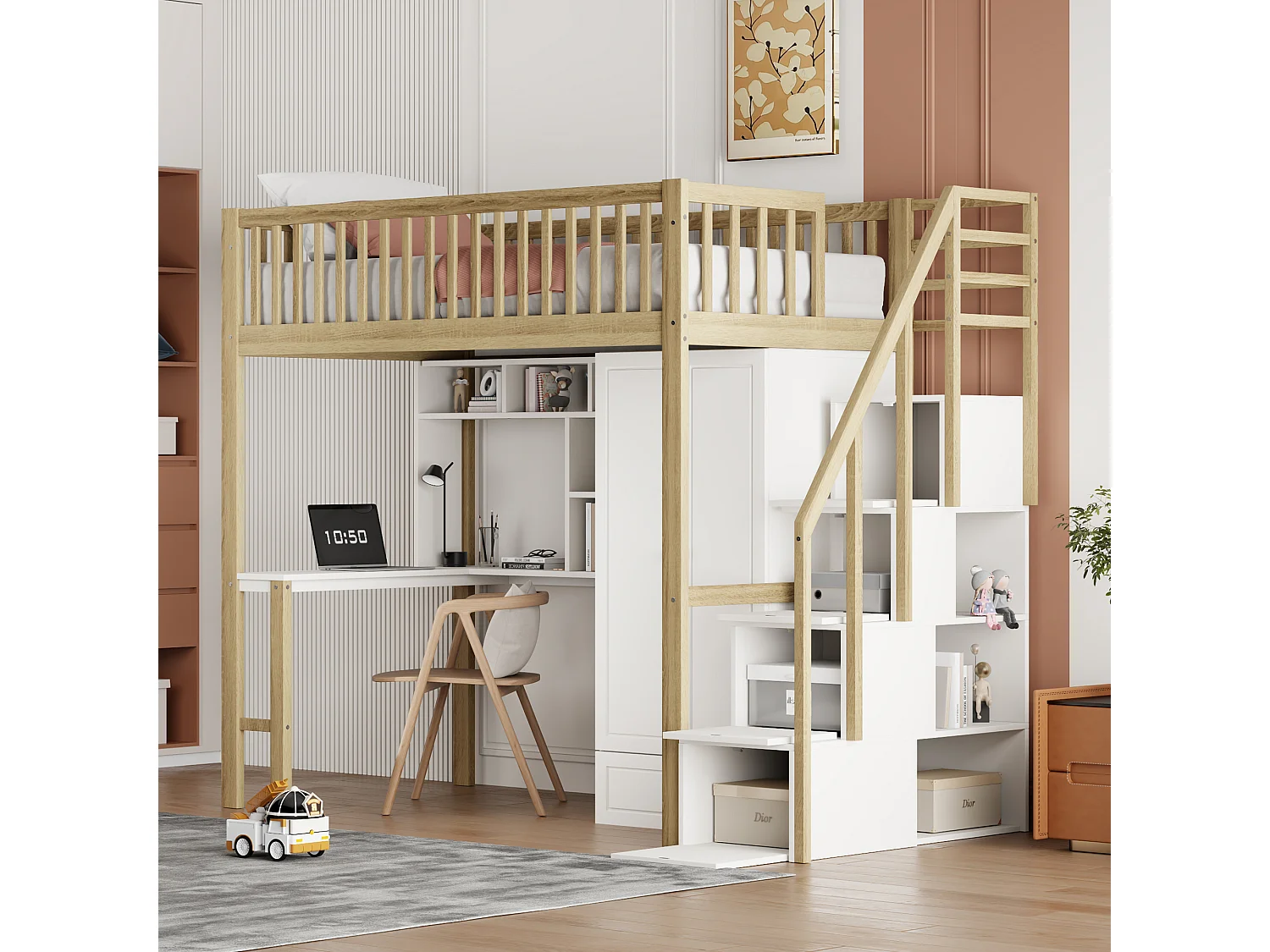 Łóżko piętrowe 90 x 200 cm z dużą szafą, biurkiem, regałem, schodami i szufladami, all-in-one, drewno MDF, biały + dąb 2865570 - obrazek 1
