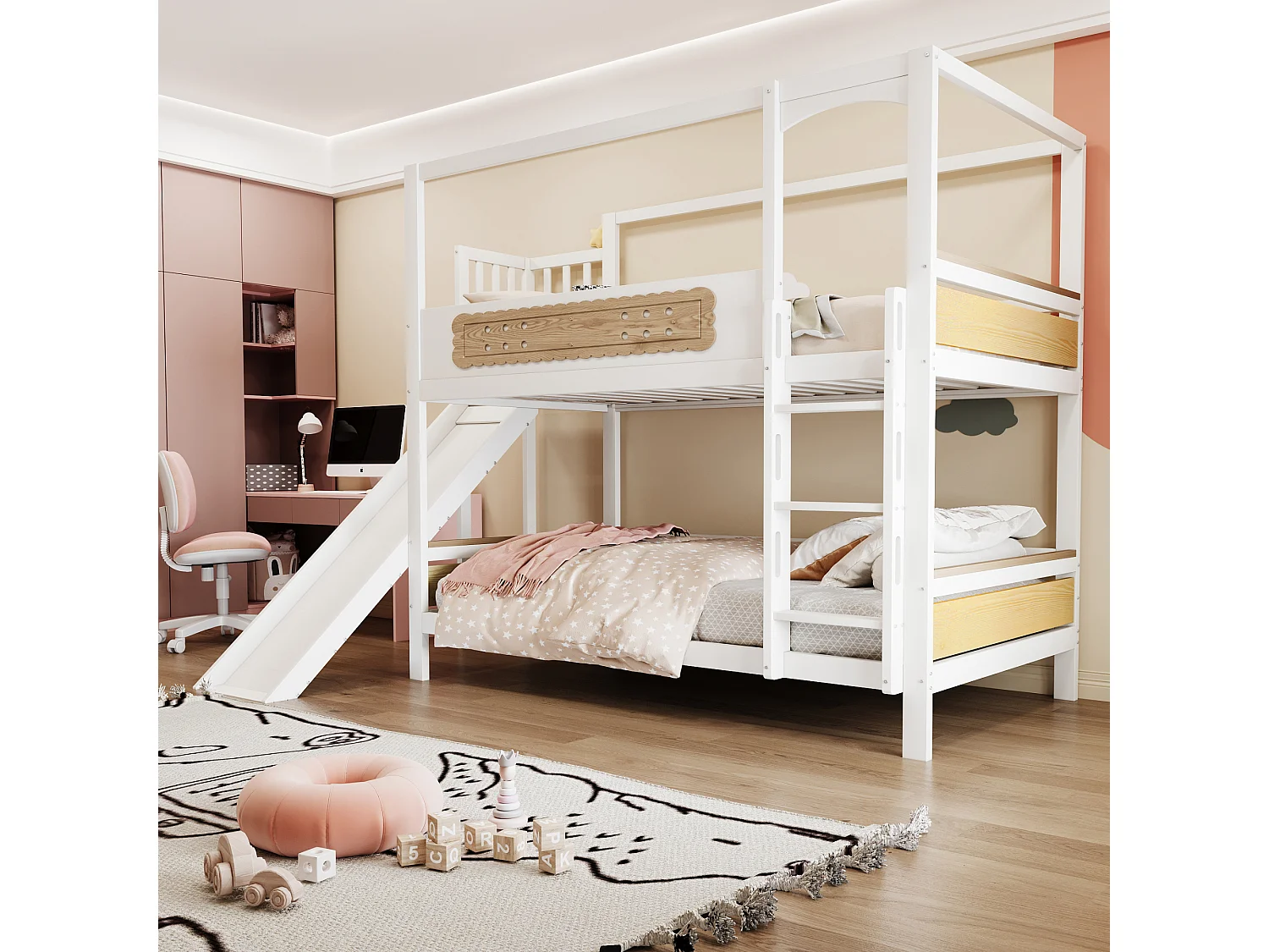 Łóżko piętrowe dla dzieci - 2 x 90 x 200 cm - w kształcie domku - z barierkami + zjeżdżalnia + drabinka - drewniane - białe 4824858 - obrazek 1