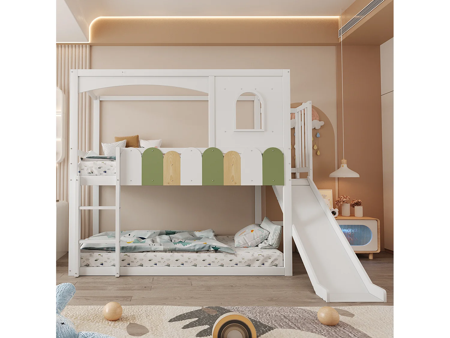 Łóżko piętrowe dla dzieci - 2 x 90 x 200 cm - w kształcie domku - z okienkami + zjeżdżalnia + drabinka - drewniane - białe 4824861 - obrazek 1