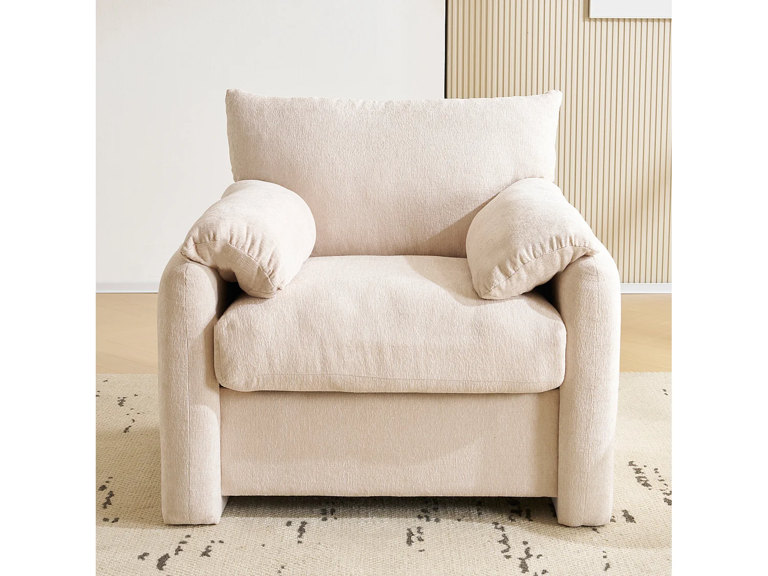 Fotel, sofa 1-osobowa w tkaninie szenilowej - z podłokietnikami i oparciem - 96 x 82 x 84 cm - do salonu, sypialni - beżowy 3986911 - obrazek 1