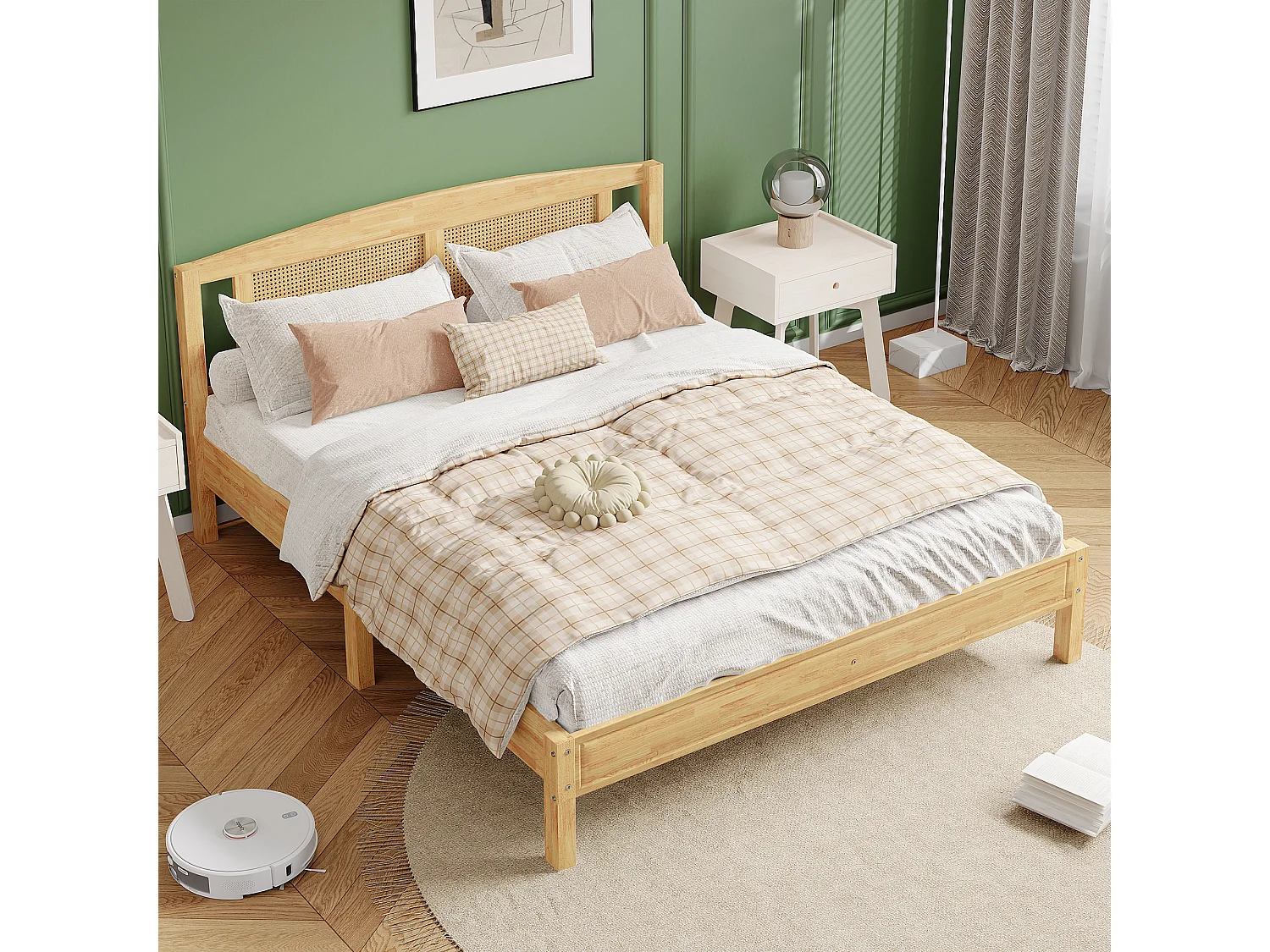 Łóżko małżeńskie 160 x 200 cm z wezgłowiem - sosna i rattan PE - kolor naturalny 3351702 - obrazek 1