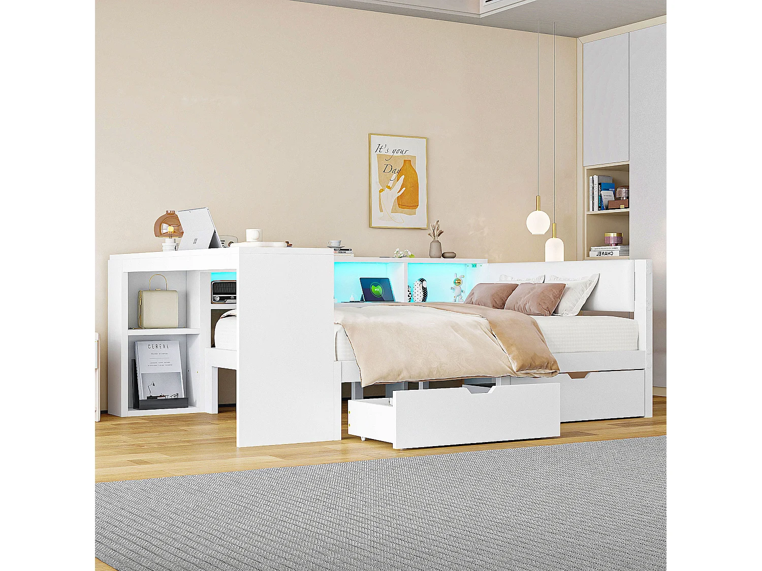 Łóżko dziecięce kombinowane – 140 x 200 – z półkami do przechowywania + 2 szuflady + oświetlenie LED + stolik – MDF – białe 4297139