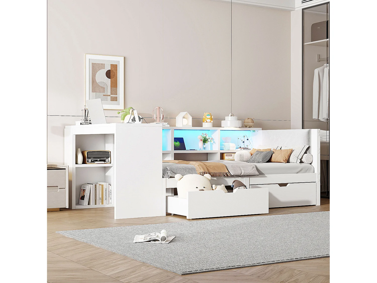 Łóżko dziecięce kombinowane – 90 x 200 – z półkami do przechowywania + 2 szuflady + oświetlenie LED + stolik – MDF – białe 4297137