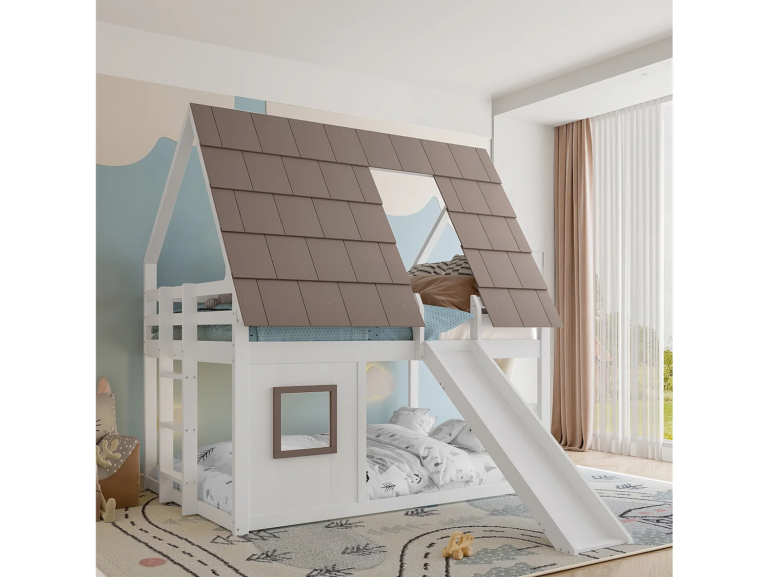 Łóżko piętrowe dla dzieci - 2 x 140 x 200 cm - z dachem + drabinka + zjeżdżalnia - MDF + sosna - białe i brązowe 4297146 - obrazek 1