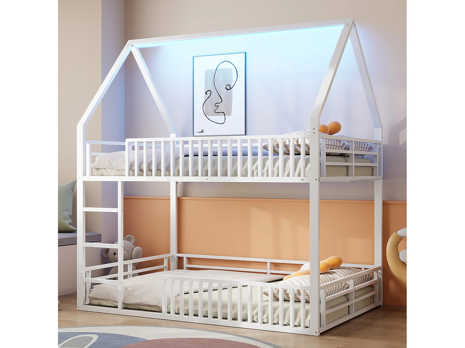 Łóżko piętrowe dla dzieci - 2 x 140 x 200 cm - z barierką + LED - Metalowe - białe 4297149 - obrazek 1