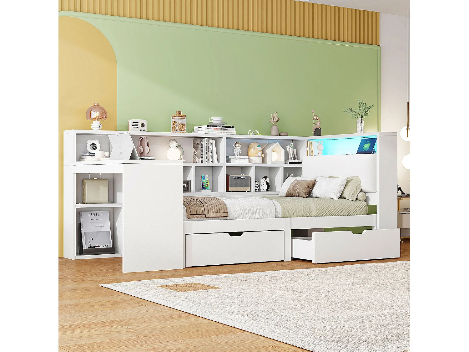 Łóżko dziecięce kombinowane – 90 x 200 – z biurkiem + regałem + 2 szufladami + oświetleniem LED – MDF – białe 4297138