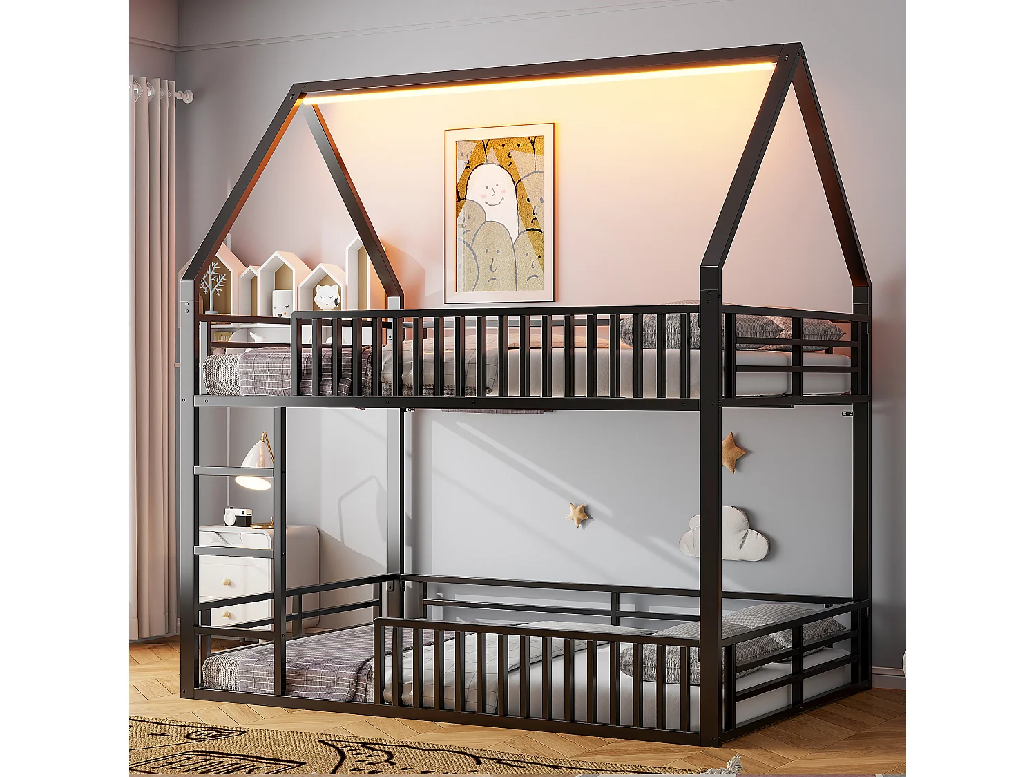 Łóżko piętrowe dla dzieci - 2 x 140 x 200 cm - z barierką + LED - Metalowe - czarne 4297148 - obrazek 1