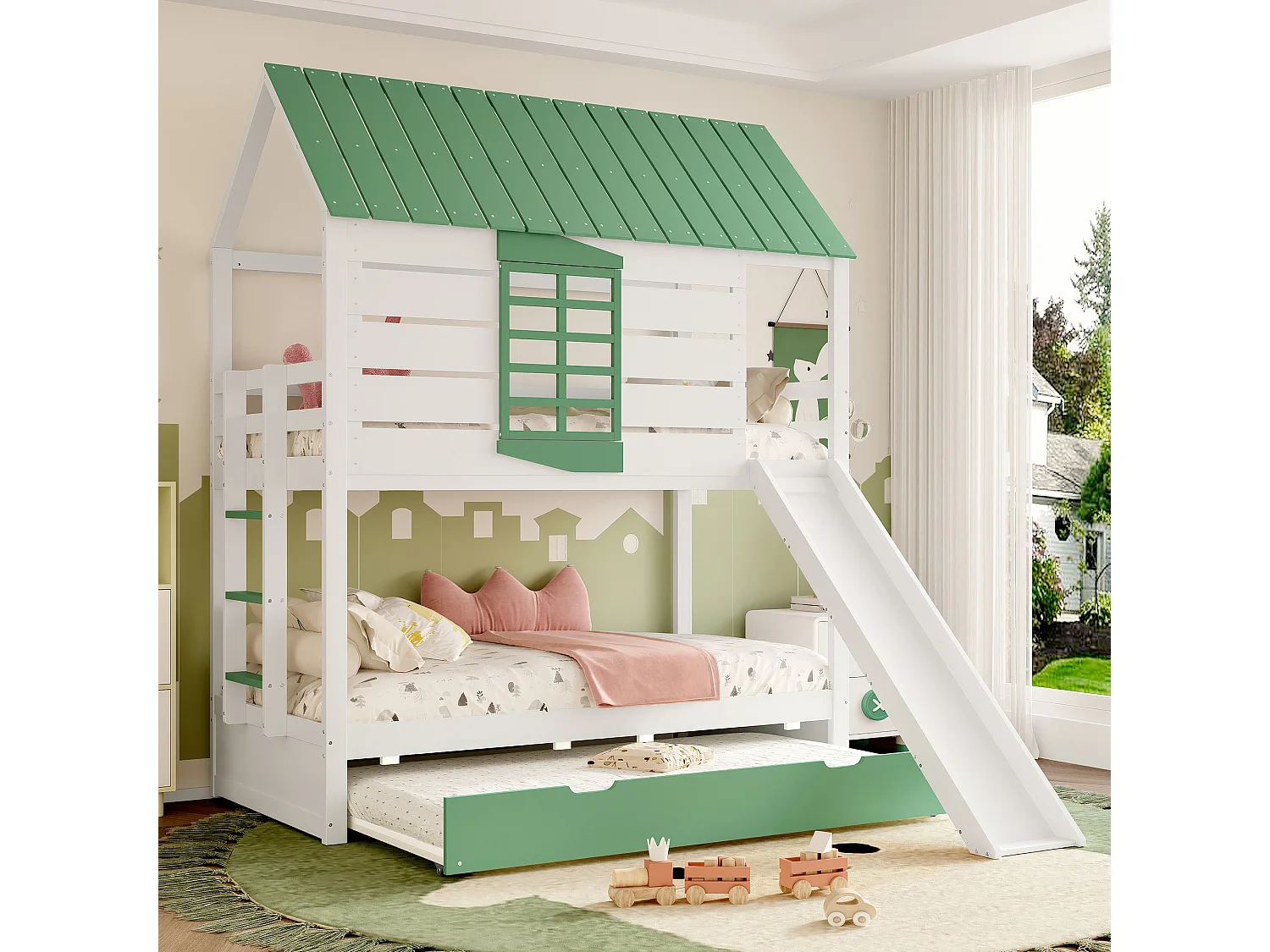Łóżko piętrowe dla dzieci - 2 x 90 x 200 cm + 90 x 190 cm - ze zjeżdżalnią + łóżko wysuwane - MDF + sosna - zielony 4297140 - obrazek 1