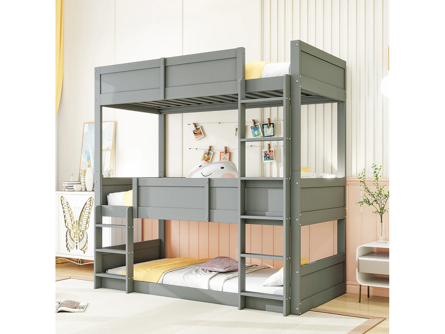 Łóżko piętrowe 3-osobowe 3 x 90 x 200 cm z barierkami - drewno sosnowe + MDF - szare (bez materaca) 3453635 - obrazek 1