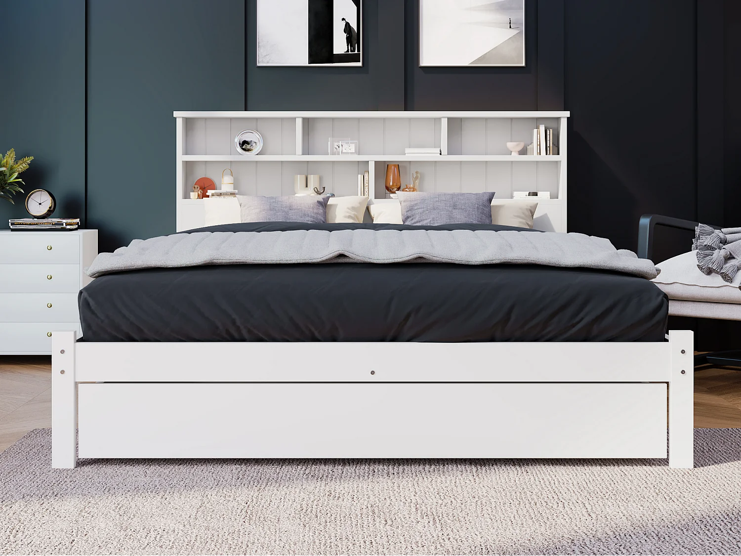 Łóżko dla dorosłych ze schowkiem + szuflada + podstawa z listew - 140x200cm - lite drewno - biały 4955193 - obrazek 1