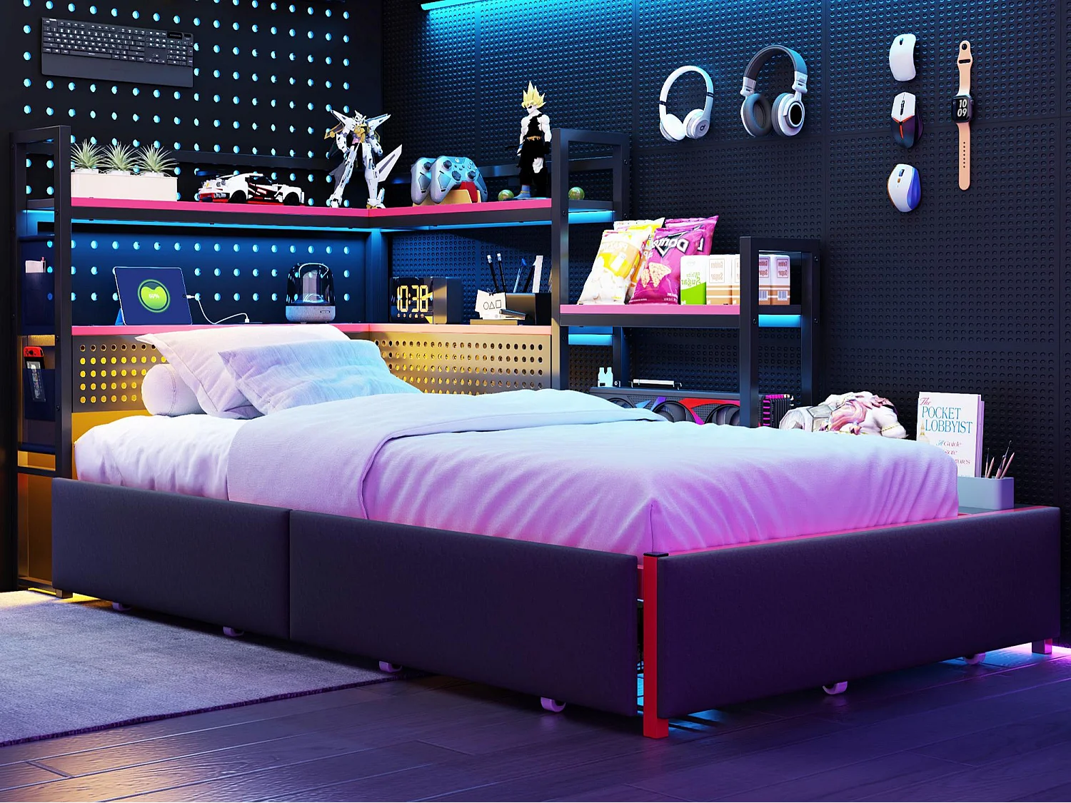Łóżko dziecięce metalowe 90x200 cm - z 3 szufladami - z oświetleniem LED - z portem USB - z półką do przechowywania - czarne (materac nie wchodzi w skład) 4955199 - obrazek 1