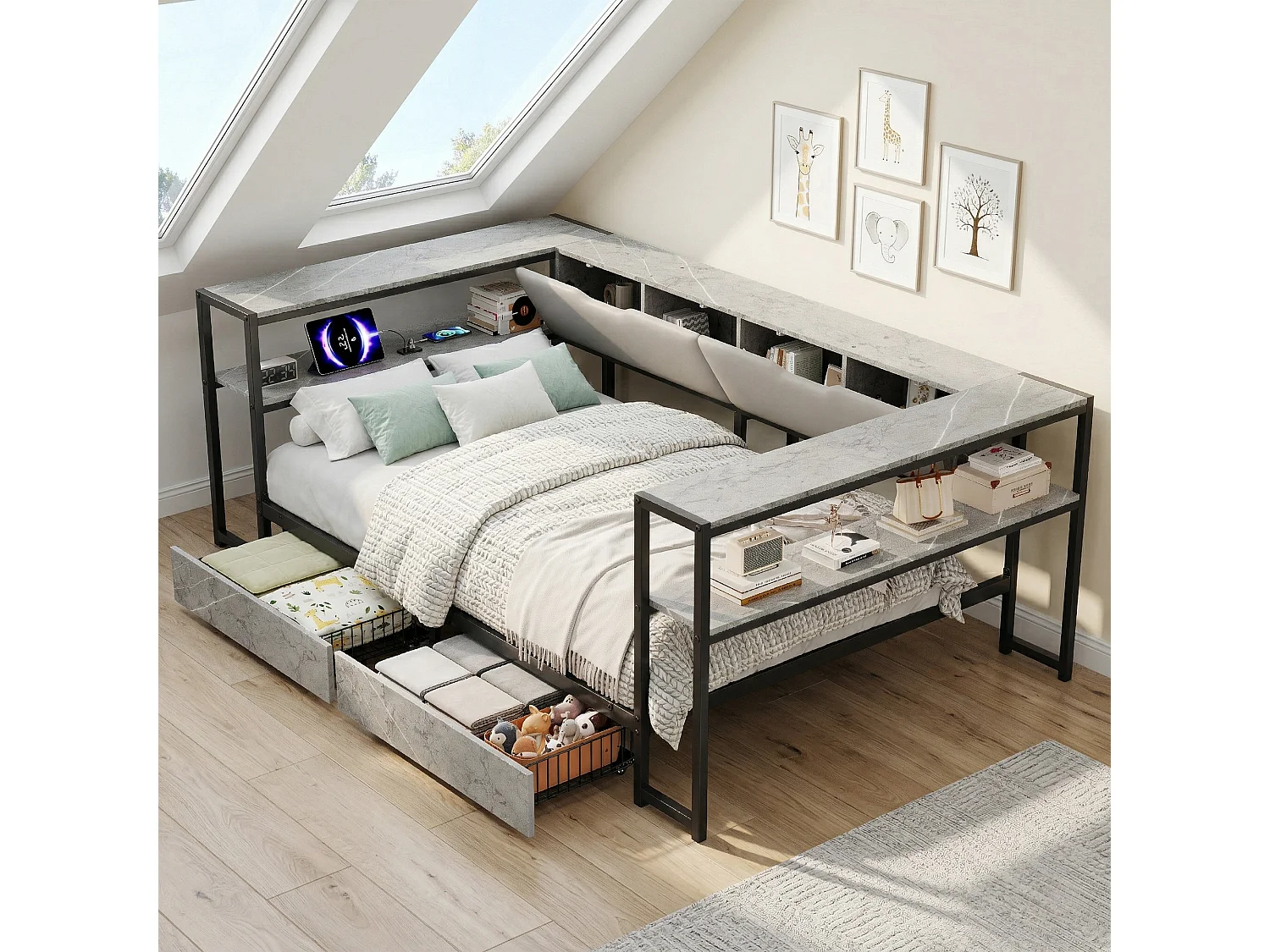 Łóżko dziecięce - 90 x 200 cm - z portem USB + 2 szuflady + półki - MDF + metal - szare 4955201 - obrazek 1