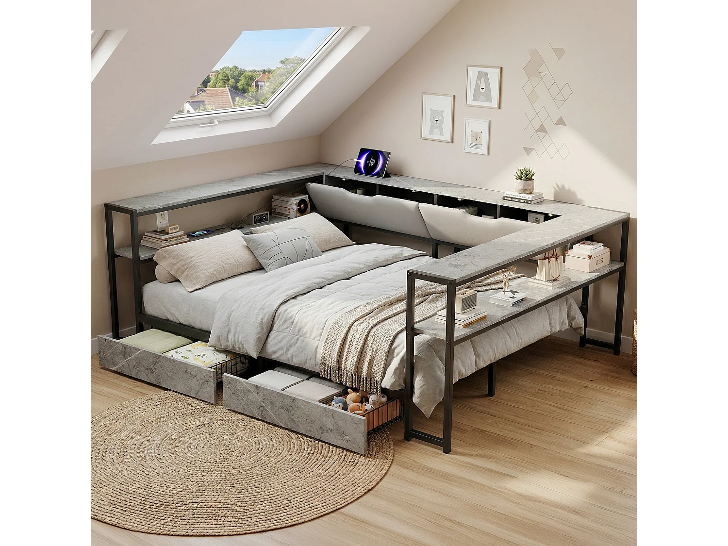 Łóżko dziecięce - 140 x 200 cm - z portem USB, 2 szufladami i półkami - MDF i metal - szare 4955202 - obrazek 1