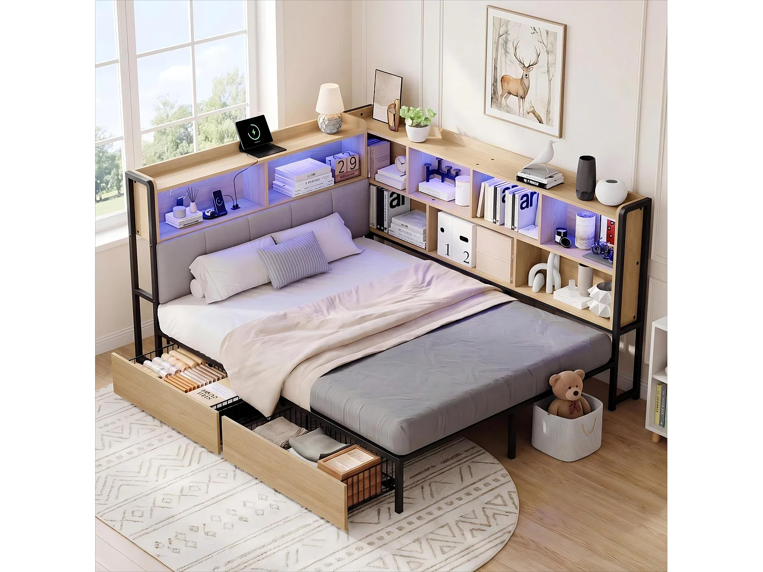 Łóżko dziecięce - 140 x 200 cm - z diodami LED + USB + 2 szuflady + zagłówek ze schowkiem - MDF + metal - naturalny 4955205 - obrazek 1