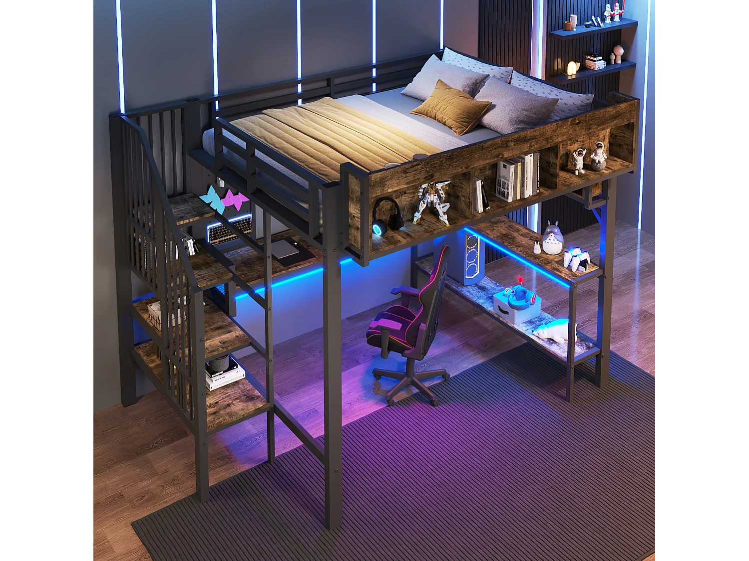 Łóżko piętrowe dla dzieci - 140 x 200 cm - z biurkiem + portem USB + oświetleniem LED + półkami + drabinką - drewno - czarne 4955288 - obrazek 1