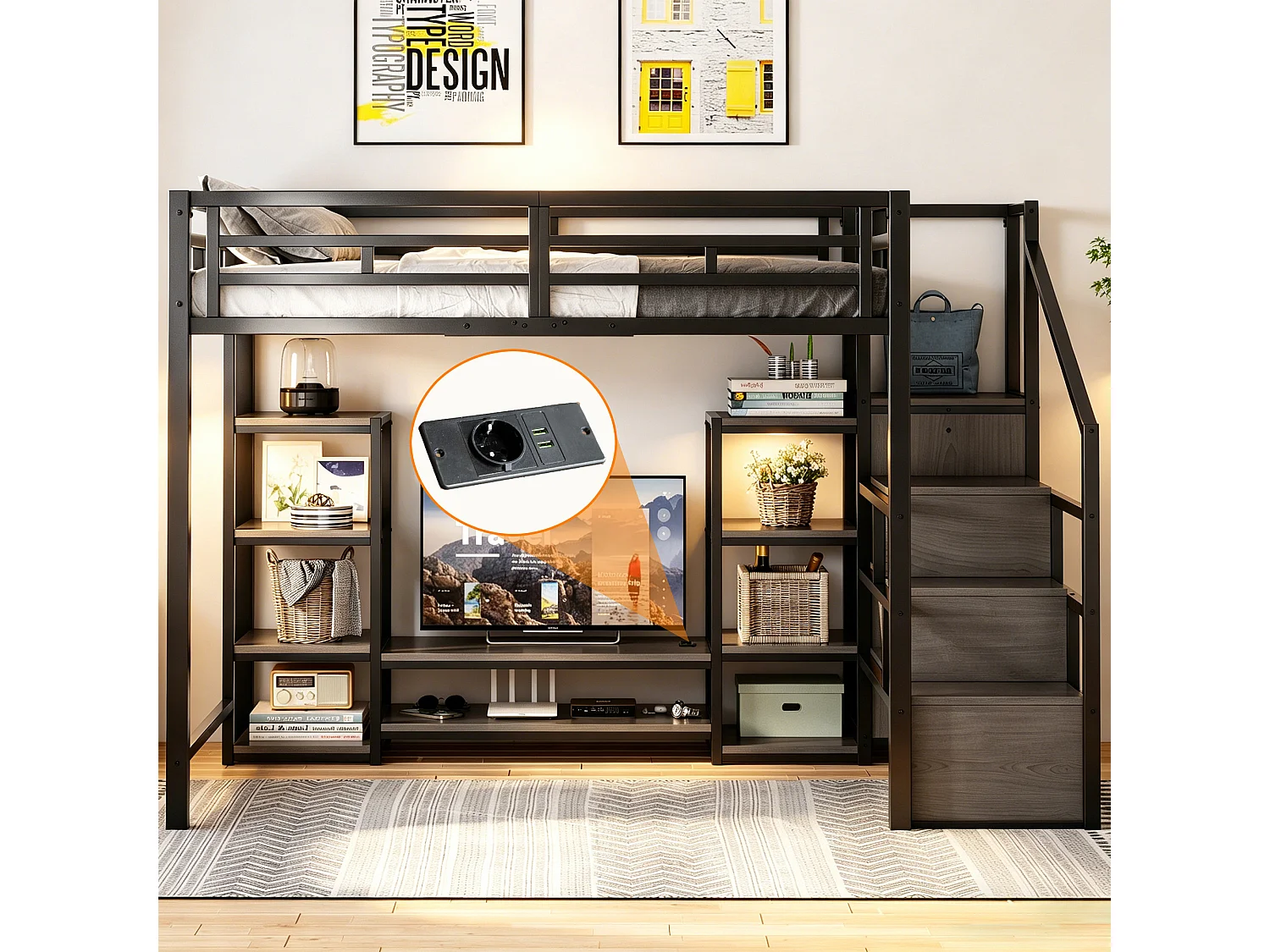 Łóżko piętrowe dla dzieci - 140 x 200 cm - ze szafką RTV + gniazdkiem elektrycznym + drabinką bezpieczeństwa + półką - metalowe - czarne 4955291 - obrazek 1