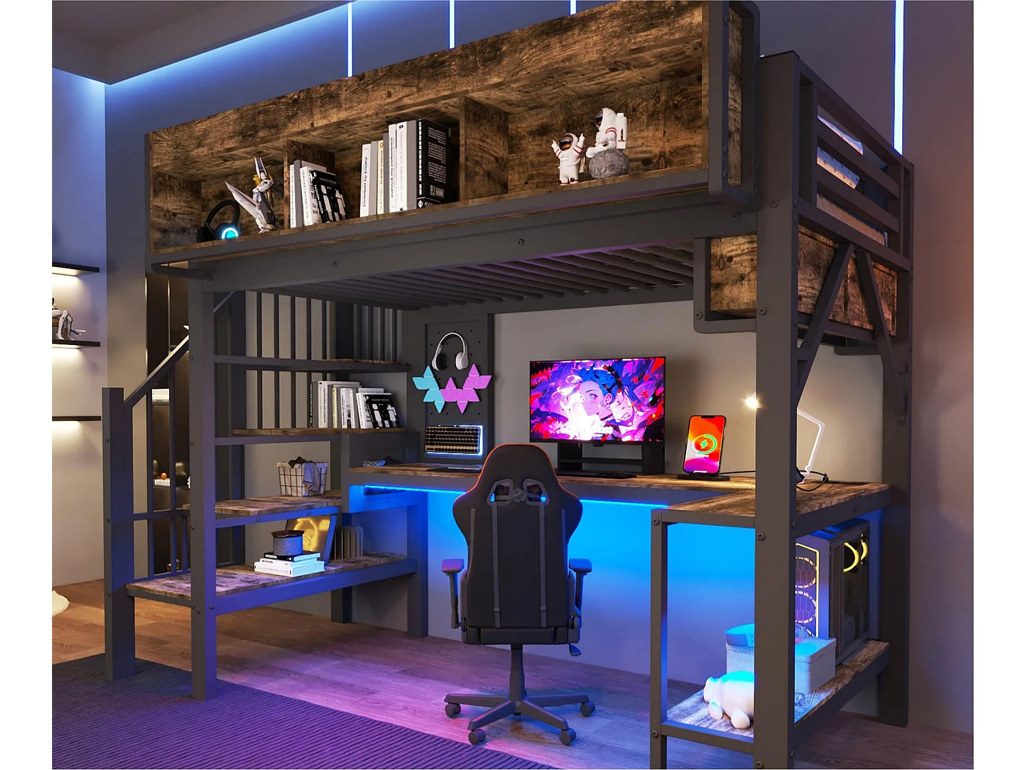 Łóżko na antresoli 90 x 200 cm - z portem USB i światłem LED - z biurkiem narożnym i przestrzenią do przechowywania - Czarne (materac nie wchodzi w skład) 4955290 - obrazek 1