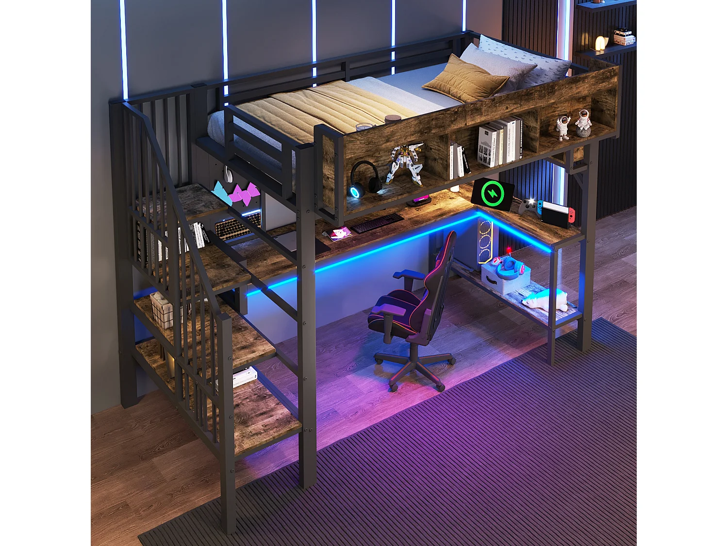 Łóżko piętrowe dla dzieci - 90 x 200 cm - z biurkiem + portem USB + oświetleniem LED + półkami + drabinką - drewno - czarne 4955307 - obrazek 1