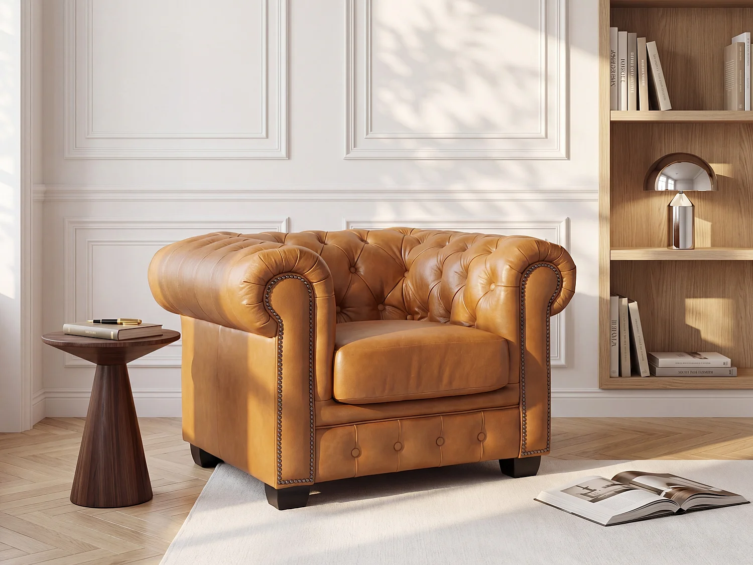 Fotel typu chesterfield 100% skóry bawolej BRENTON – Kolor: karmelowy vintage 132501
