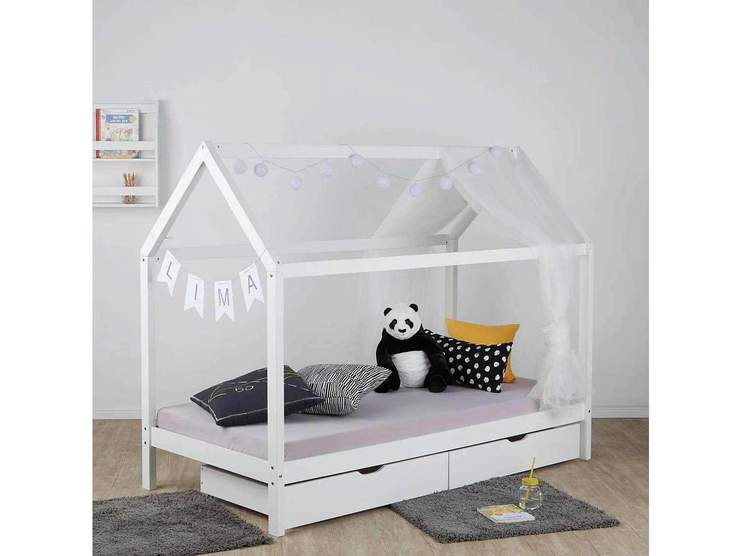 Łóżko dziecięce 90x200 cm białe, Rama łóżka w kształcie domu dla dzieci z szufladami 4629724 - obrazek 1