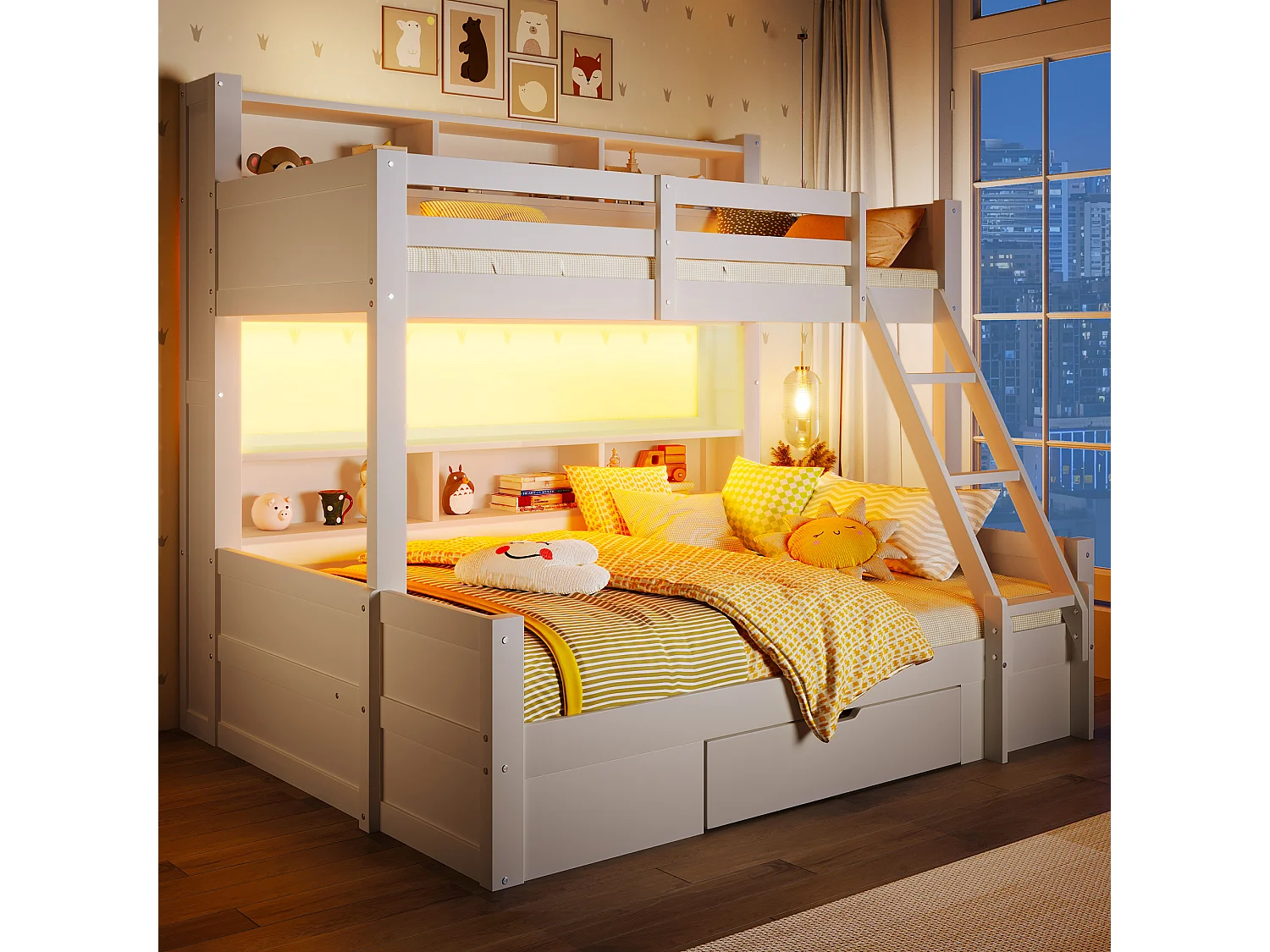 Łóżko piętrowe dla dzieci – 90 x 200 cm + 140 x 200 cm – z barierkami + półki + 1 szuflada + diody LED – drewno – białe 4957406