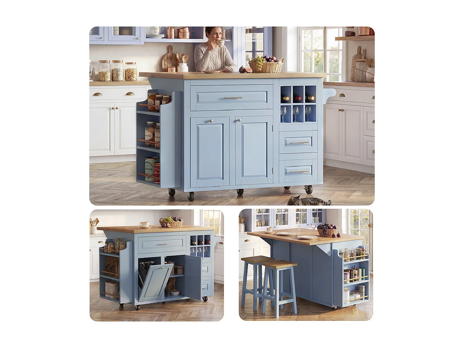 Ergonomiczna wyspa kuchenna - 143 x 45/75 x 91 cm - z szufladami + półką + schowkiem na śmieci + drzwiami - MDF - niebieska 4957424 - obrazek 1