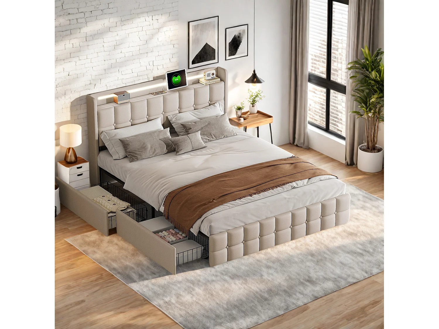 Łóżko dla Dorosłych 160x200 cm z Stelażem, Zagłówkiem z USB, Wielokolorowym Oświetleniem LED i 4 Szufladami do Przechowywania Beżowe 4226068 - obrazek 1