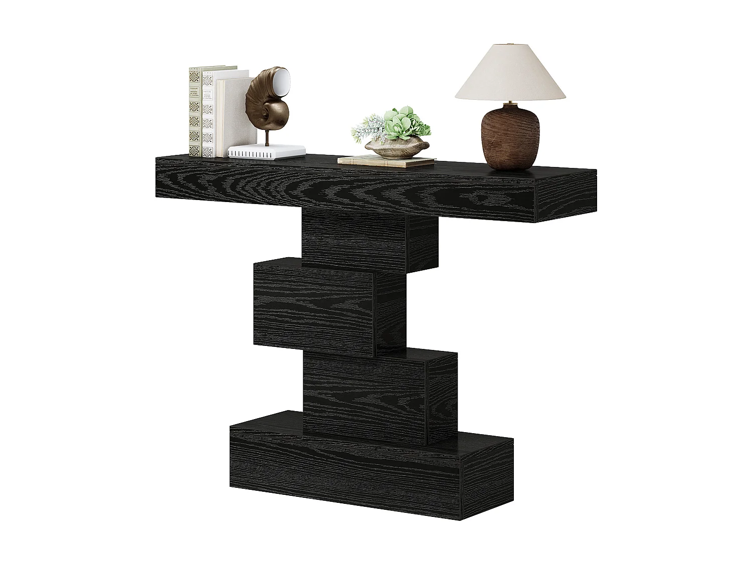 108 cm Czarny stolik konsolowy, wąski drewniany stolik za kanapą z geometryczną podstawą 4958335