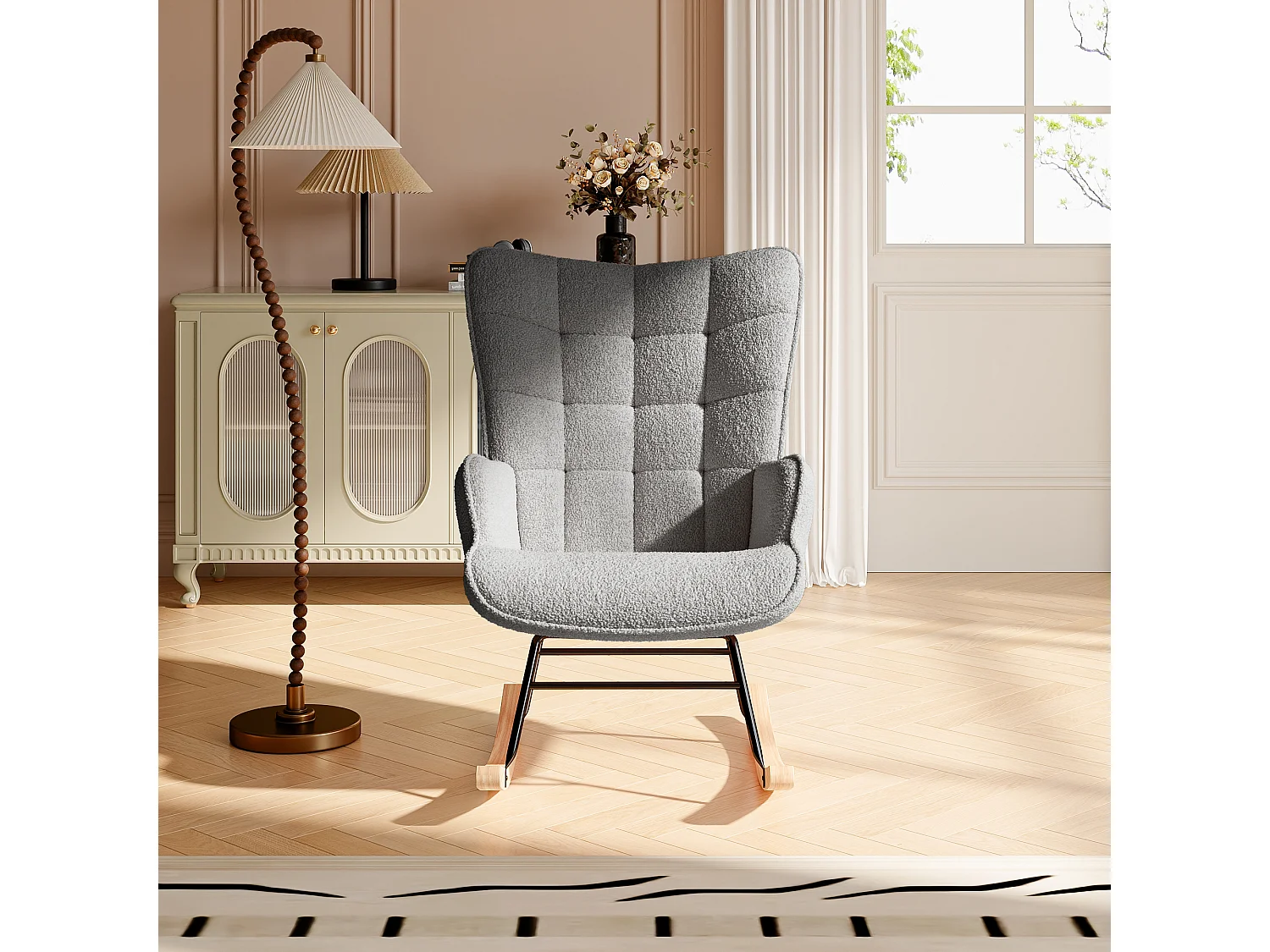 Fotel bujany w ciemnoszarym materiale teddy pikowany, czarna metalowa konstrukcja i nogi z drewna bukowego, nowoczesny design 4871352 - obrazek 1