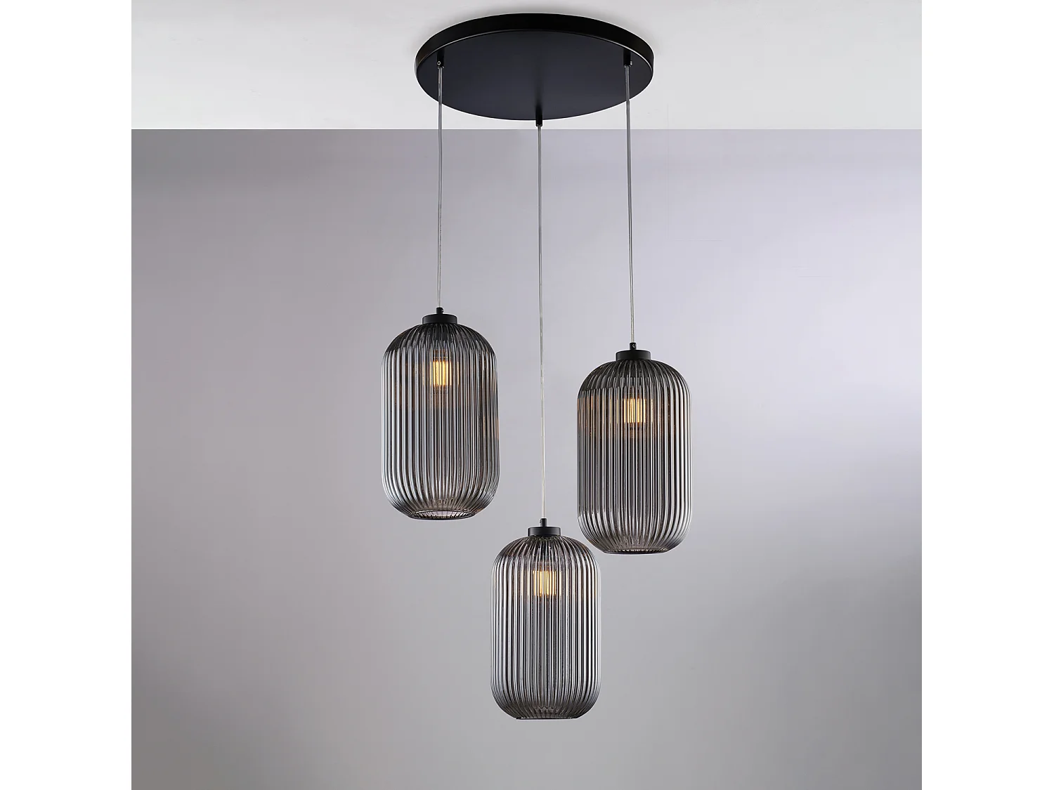 Lampa wisząca Ankara żelazo czarne regulowane kable klosze szkło lustrzane szare dmuchane paski wypukłe 3 lampy 4074331 - obrazek 1